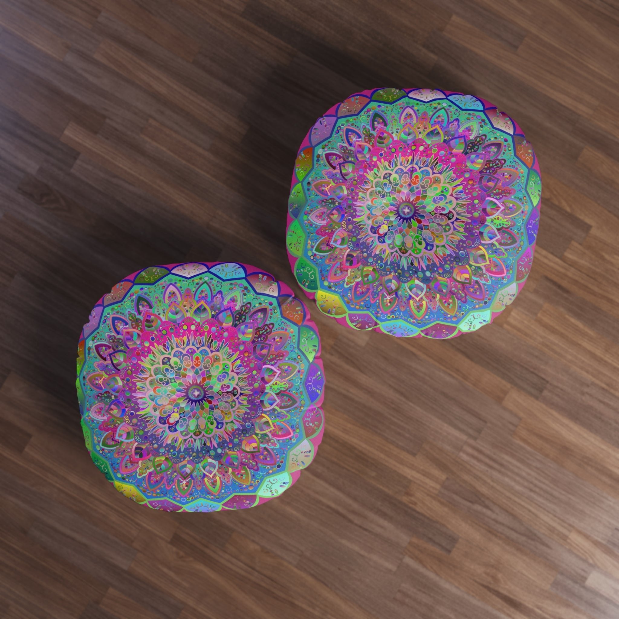 Floor Cushion Mandala Art Hand Drawn - Beautiful colorful Mandala on Fucsia background - Drawn by Hand - Tufted Floor Pillow, Round - Blululi