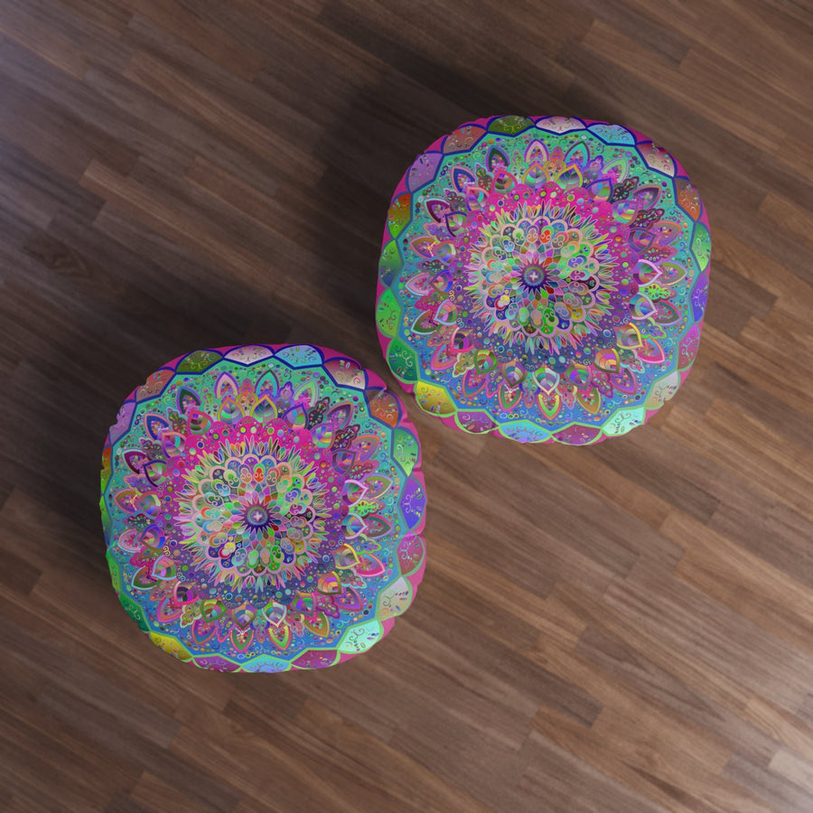 Floor Cushion Mandala Art Hand Drawn - Beautiful colorful Mandala on Fucsia background - Drawn by Hand - Tufted Floor Pillow, Round - Blululi