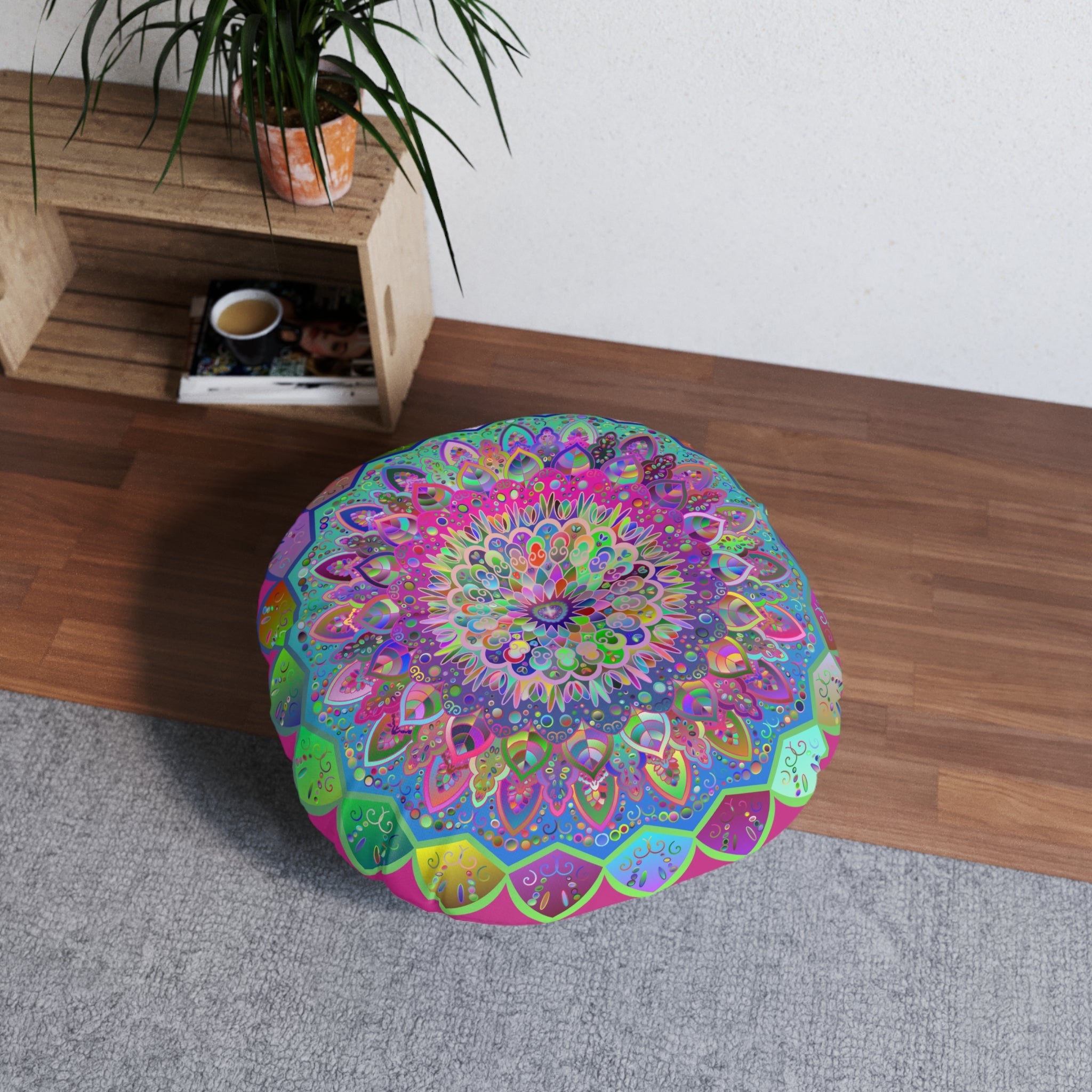 Floor Cushion Mandala Art Hand Drawn - Beautiful colorful Mandala on Fucsia background - Drawn by Hand - Tufted Floor Pillow, Round - Blululi