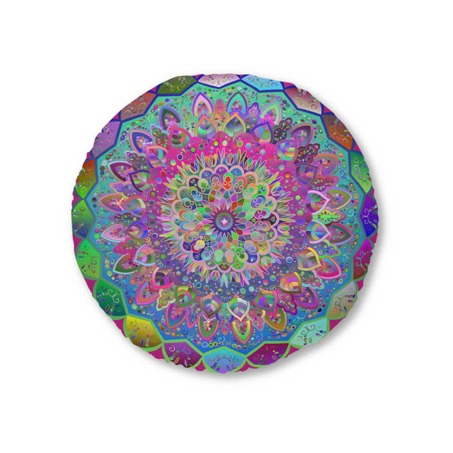 Floor Cushion Mandala Art Hand Drawn - Beautiful colorful Mandala on Fucsia background - Drawn by Hand - Tufted Floor Pillow, Round - Blululi