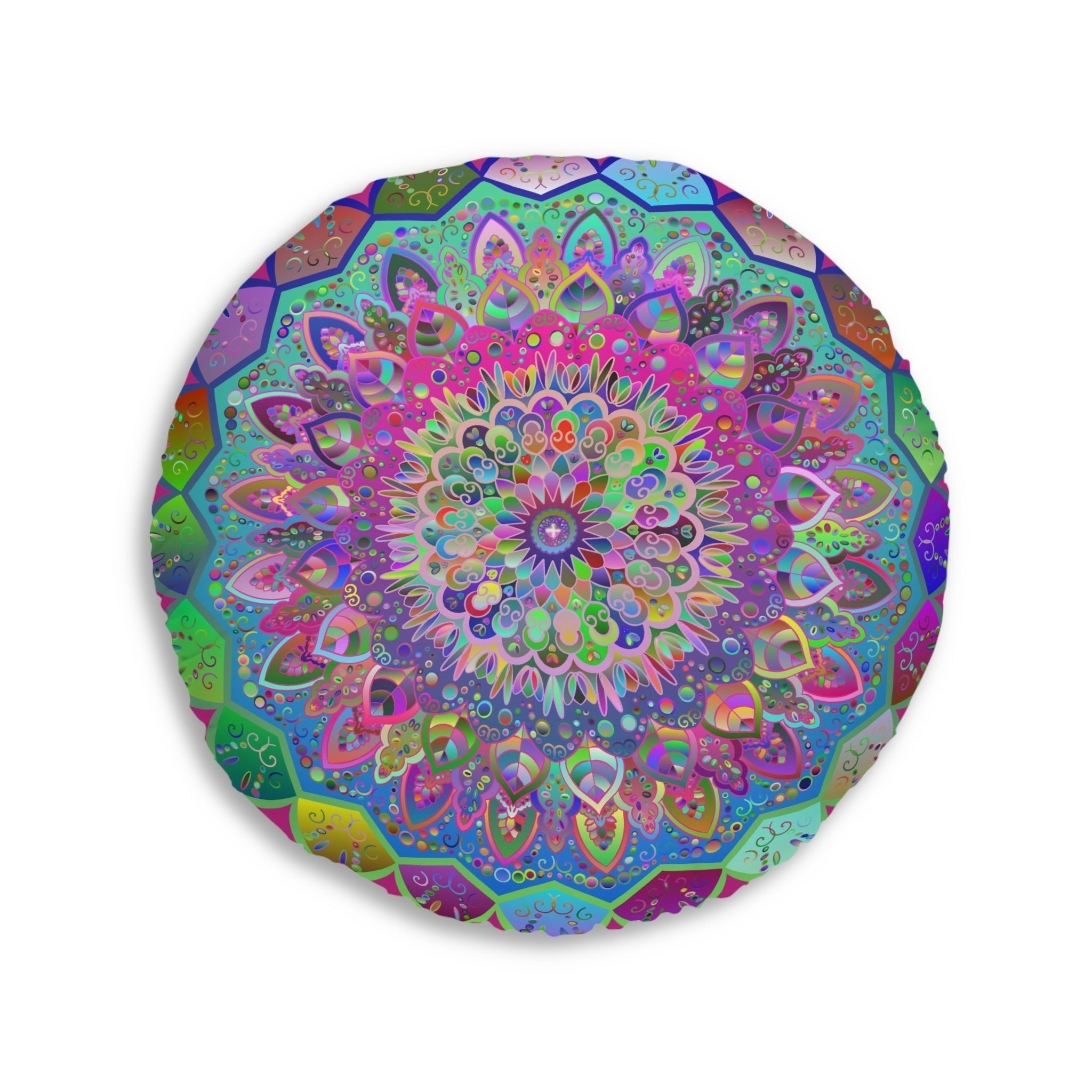 Floor Cushion Mandala Art Hand Drawn - Beautiful colorful Mandala on Fucsia background - Drawn by Hand - Tufted Floor Pillow, Round - Blululi