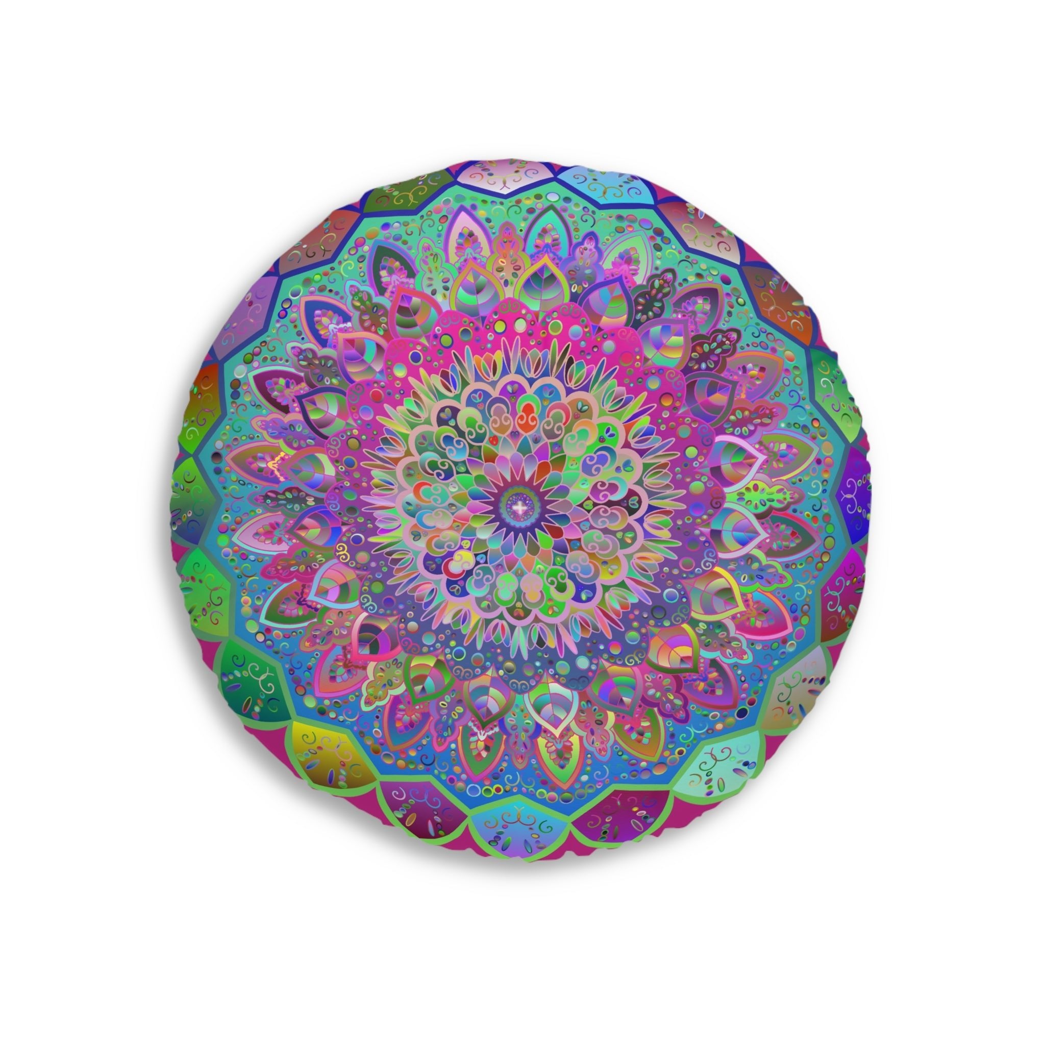 Floor Cushion Mandala Art Hand Drawn - Beautiful colorful Mandala on Fucsia background - Drawn by Hand - Tufted Floor Pillow, Round - Blululi