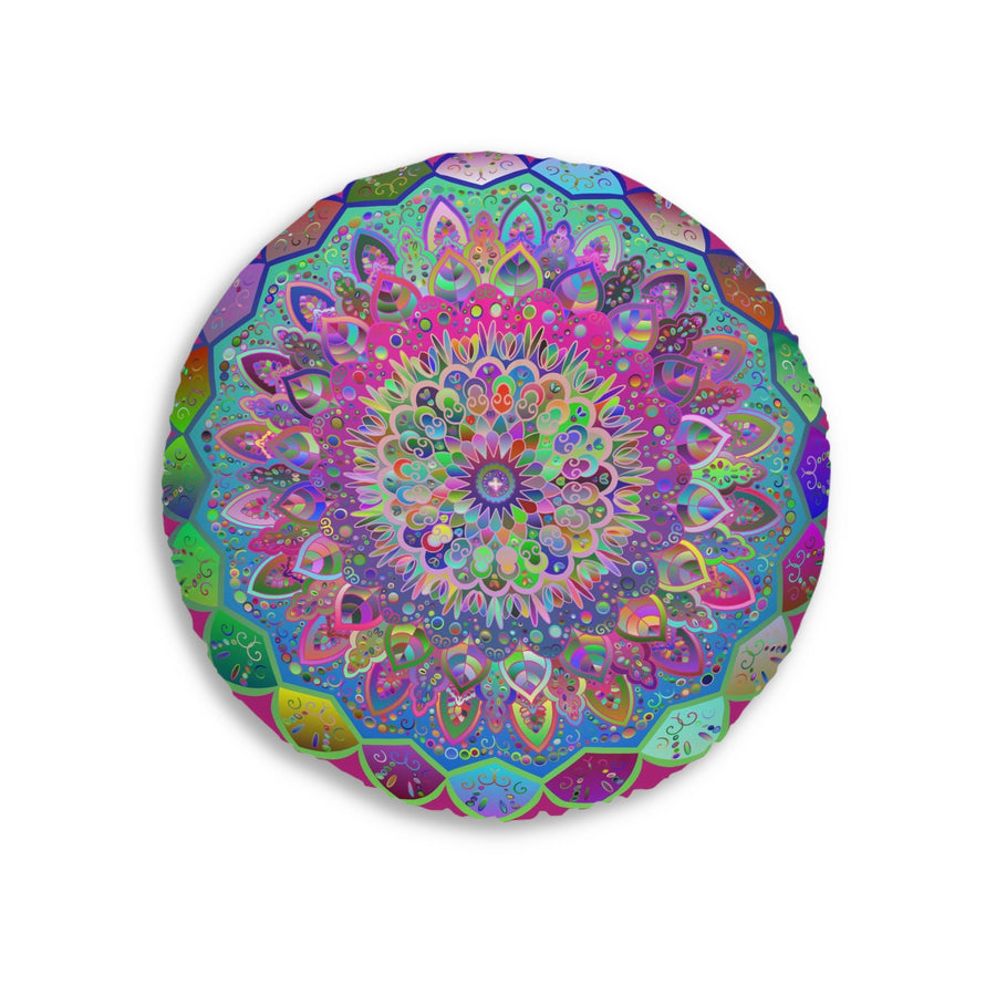 Floor Cushion Mandala Art Hand Drawn - Beautiful colorful Mandala on Fucsia background - Drawn by Hand - Tufted Floor Pillow, Round - Blululi