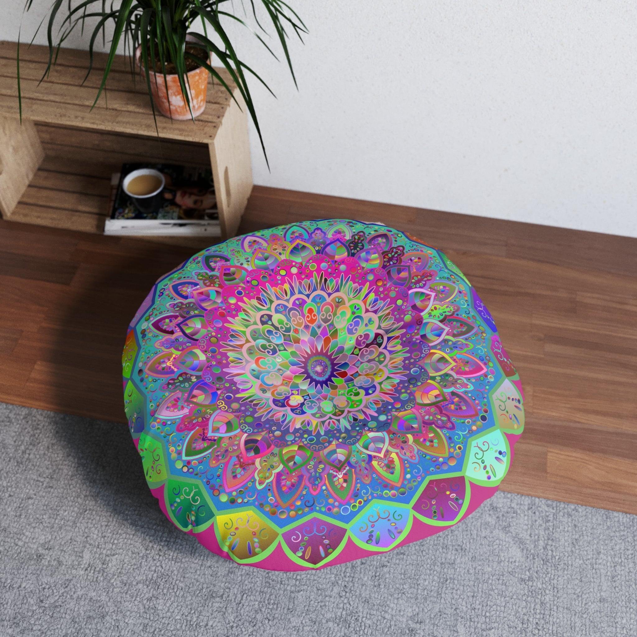 Floor Cushion Mandala Art Hand Drawn - Beautiful colorful Mandala on Fucsia background - Drawn by Hand - Tufted Floor Pillow, Round - Blululi