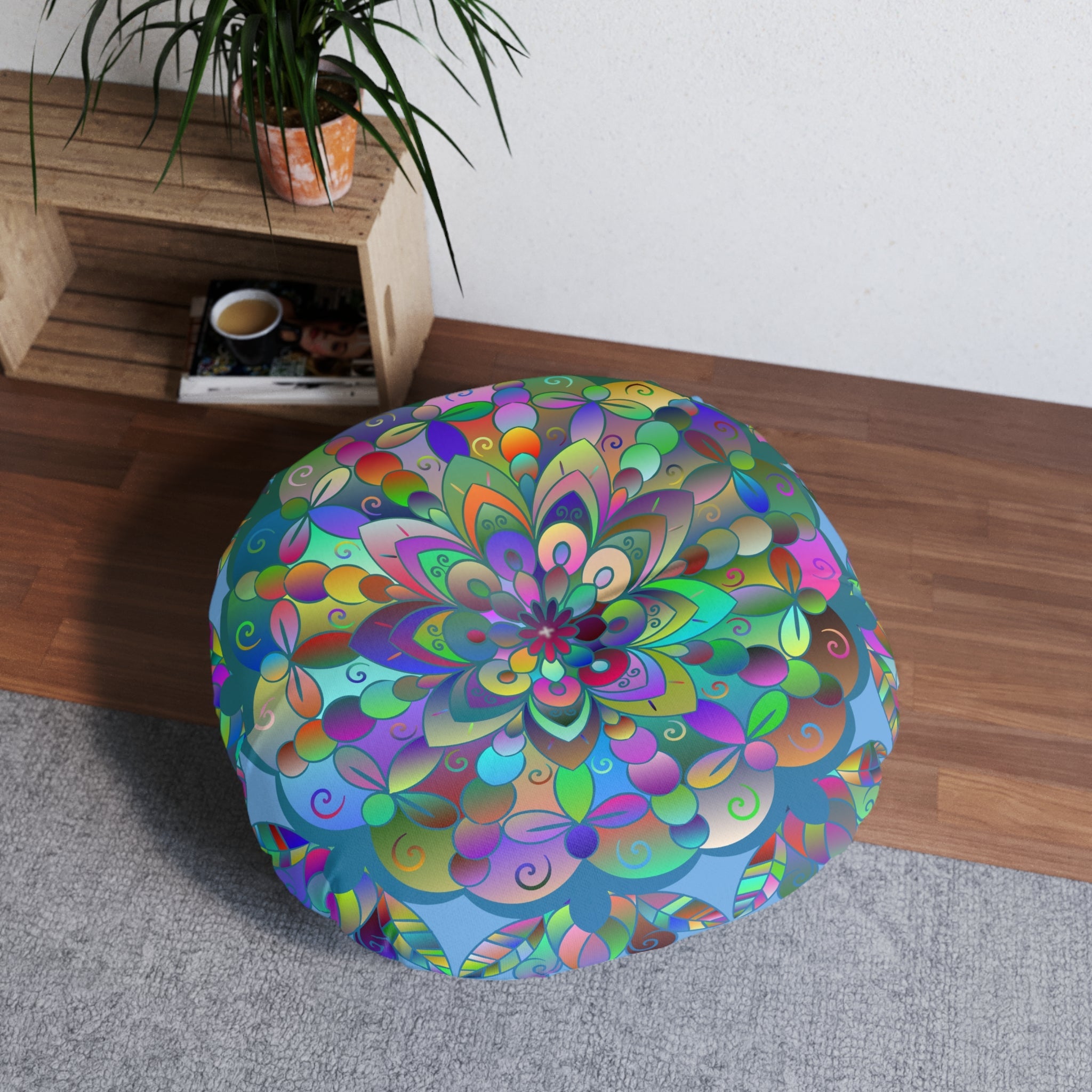 Floor Cushion Mandala Art Hand Drawn - Beautiful colorful Mandala on Light Blue background - Drawn by Hand - Tufted Floor Pillow, Round - Blululi