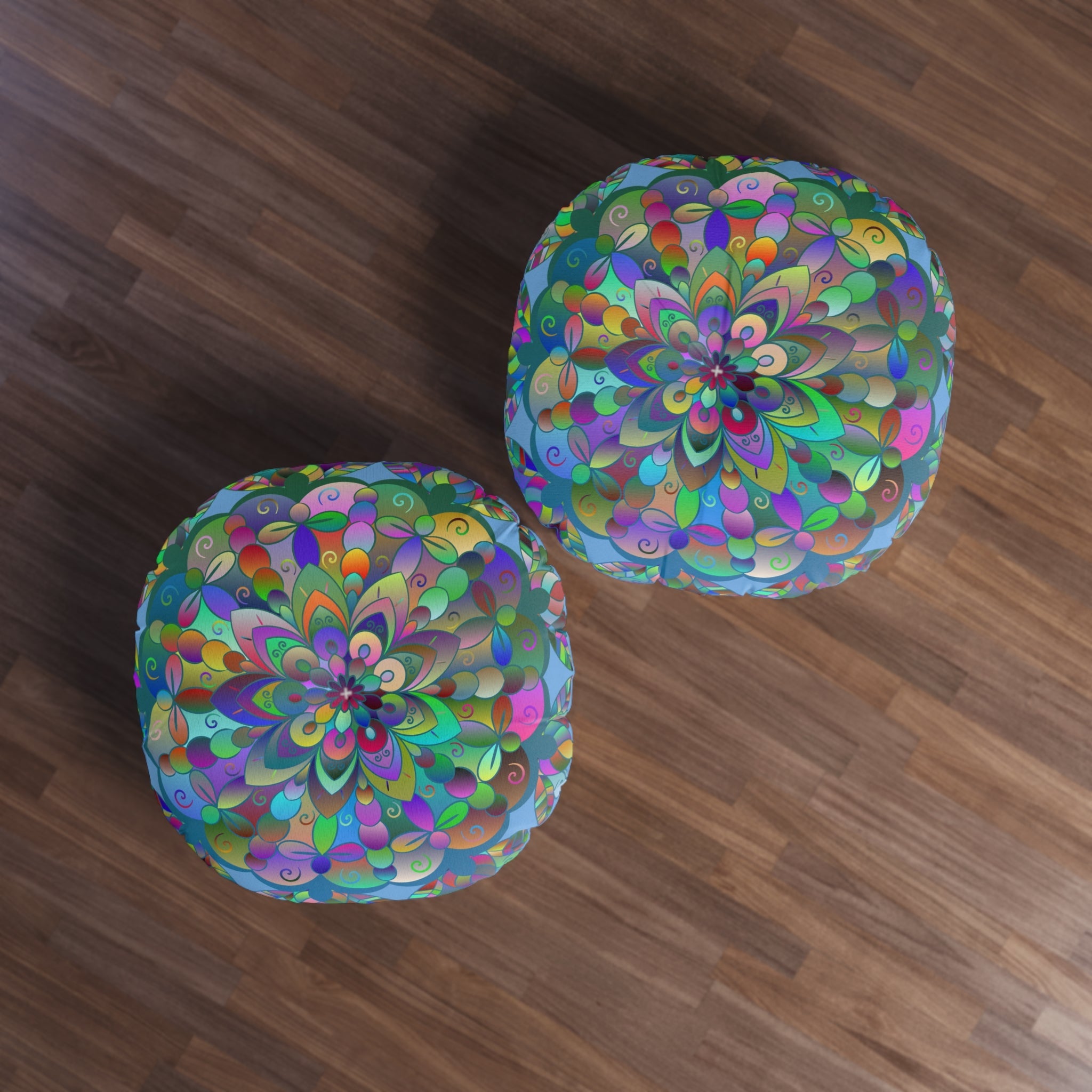 Floor Cushion Mandala Art Hand Drawn - Beautiful colorful Mandala on Light Blue background - Drawn by Hand - Tufted Floor Pillow, Round - Blululi