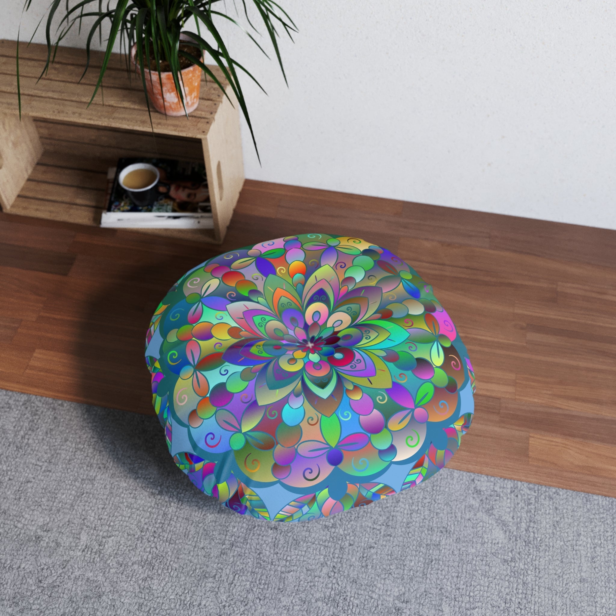 Floor Cushion Mandala Art Hand Drawn - Beautiful colorful Mandala on Light Blue background - Drawn by Hand - Tufted Floor Pillow, Round - Blululi