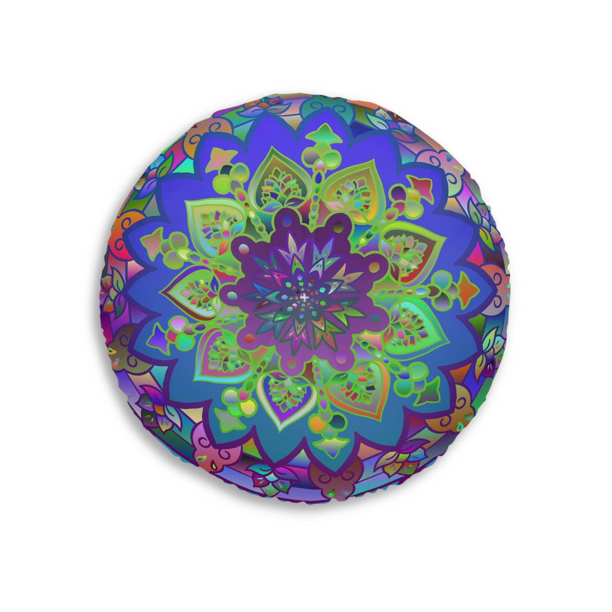Floor Cushion Mandala Art Hand Drawn - Beautiful colorful Mandala on Turquoise background - Drawn by Hand - Tufted Floor Pillow, Round - Blululi