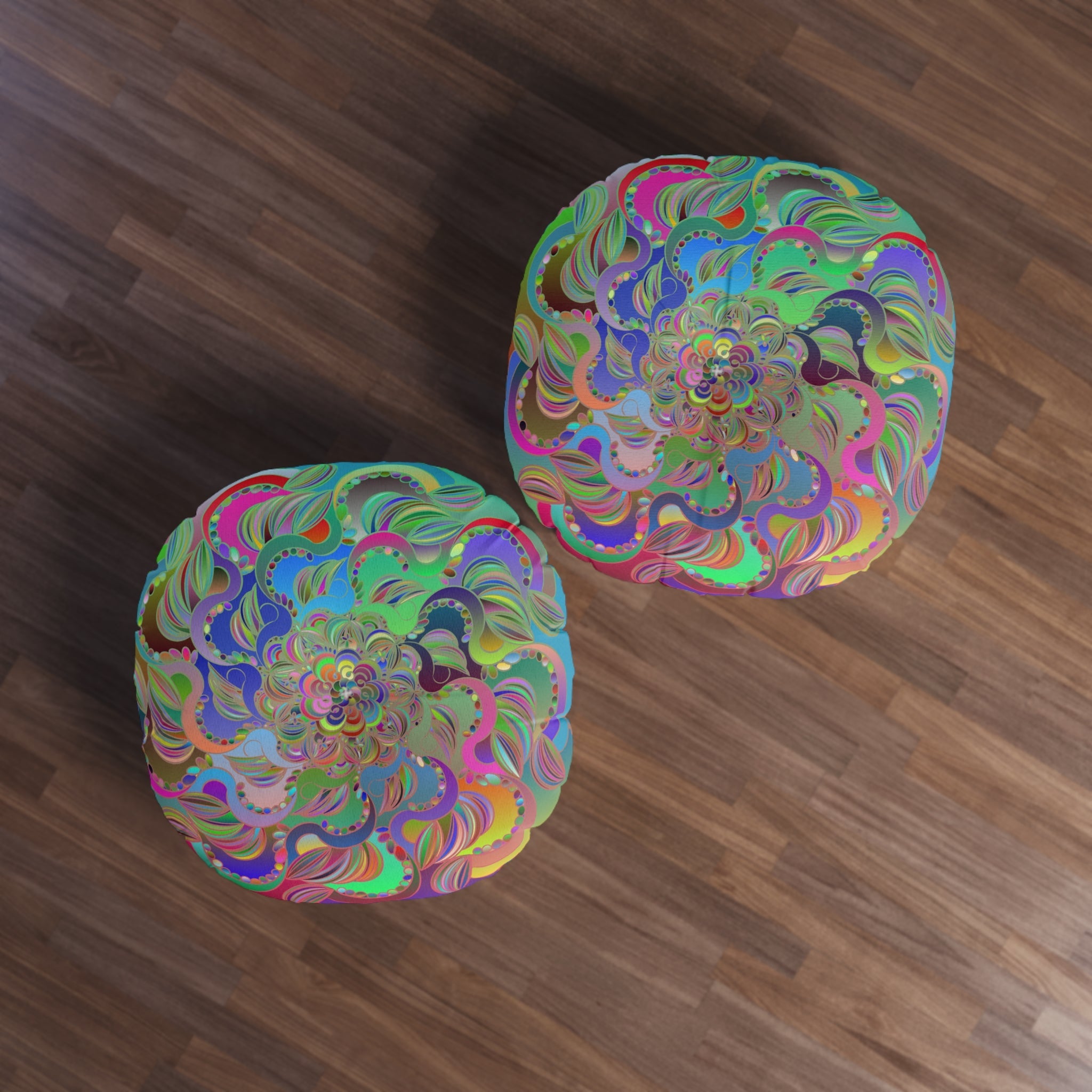 Floor Cushion Mandala Art Hand Drawn - Beautiful colorful Mandala on Turquoise background - Drawn by Hand - Tufted Floor Pillow, Round - Blululi