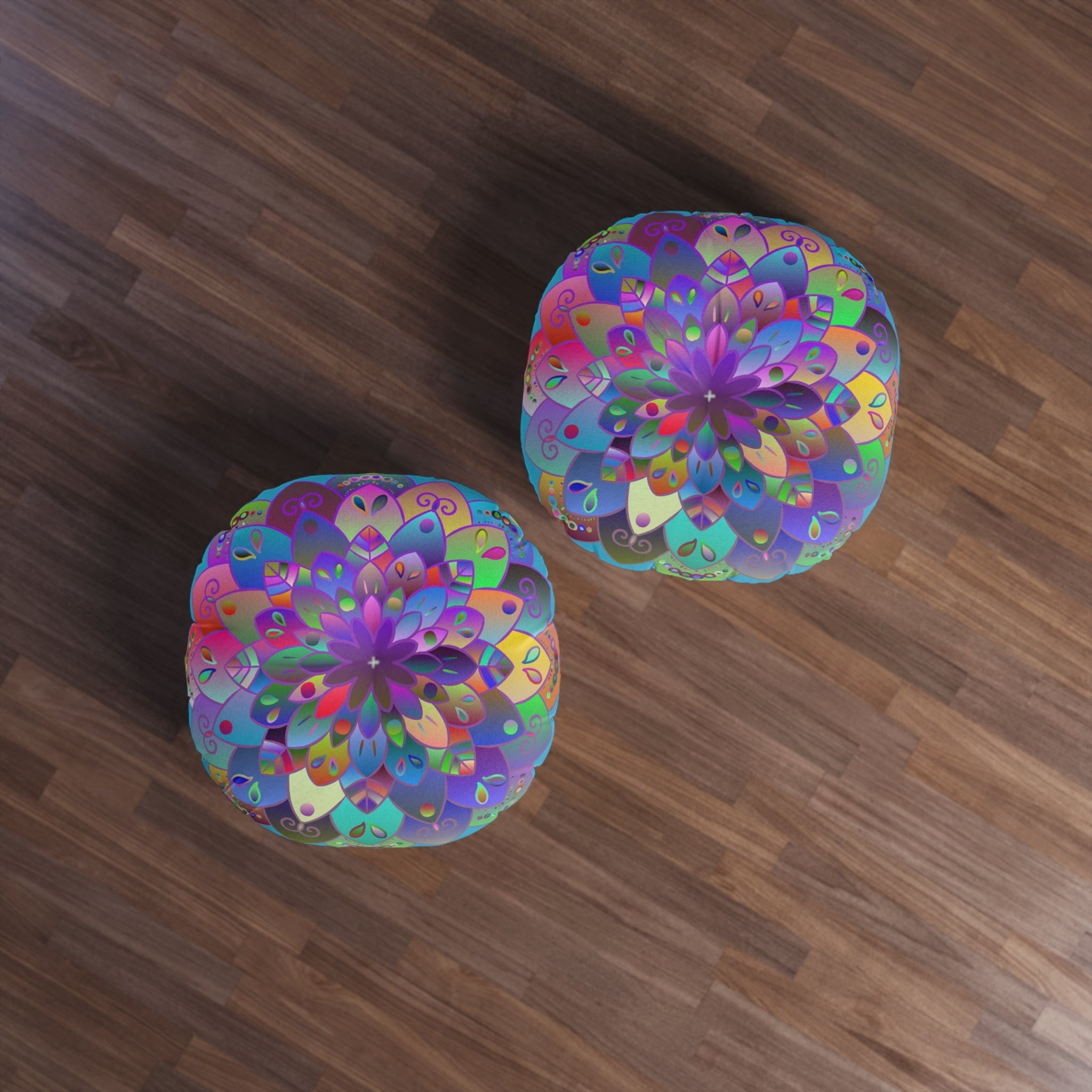 Floor Cushion Mandala Art Hand Drawn - Beautiful colorful Mandala on Turquoise background - Drawn by Hand - Tufted Floor Pillow, Round - Blululi