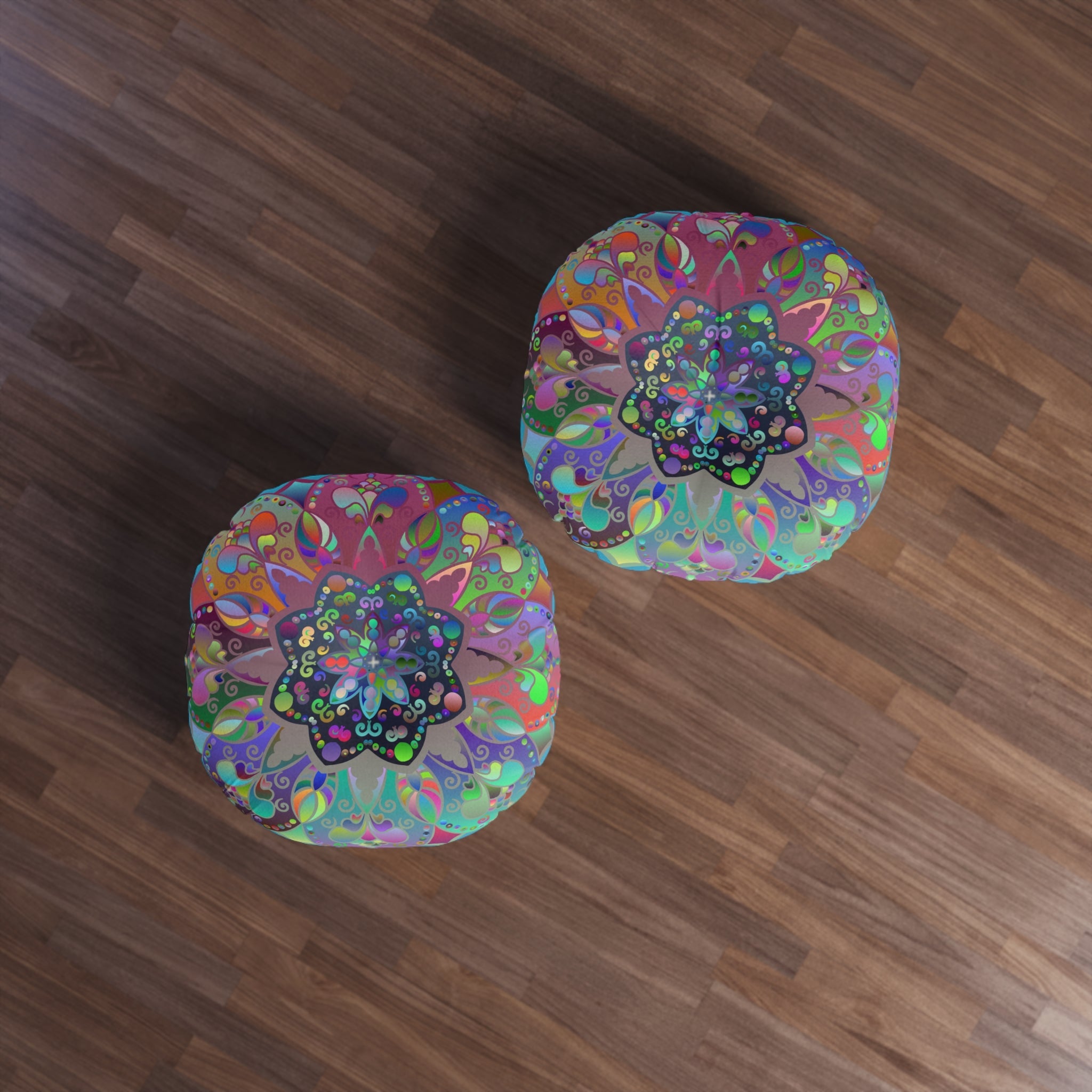 Floor Cushion Mandala Art Hand Drawn - Beautiful colorful Mandala on Turquoise background - Drawn by Hand - Tufted Floor Pillow, Round - Blululi