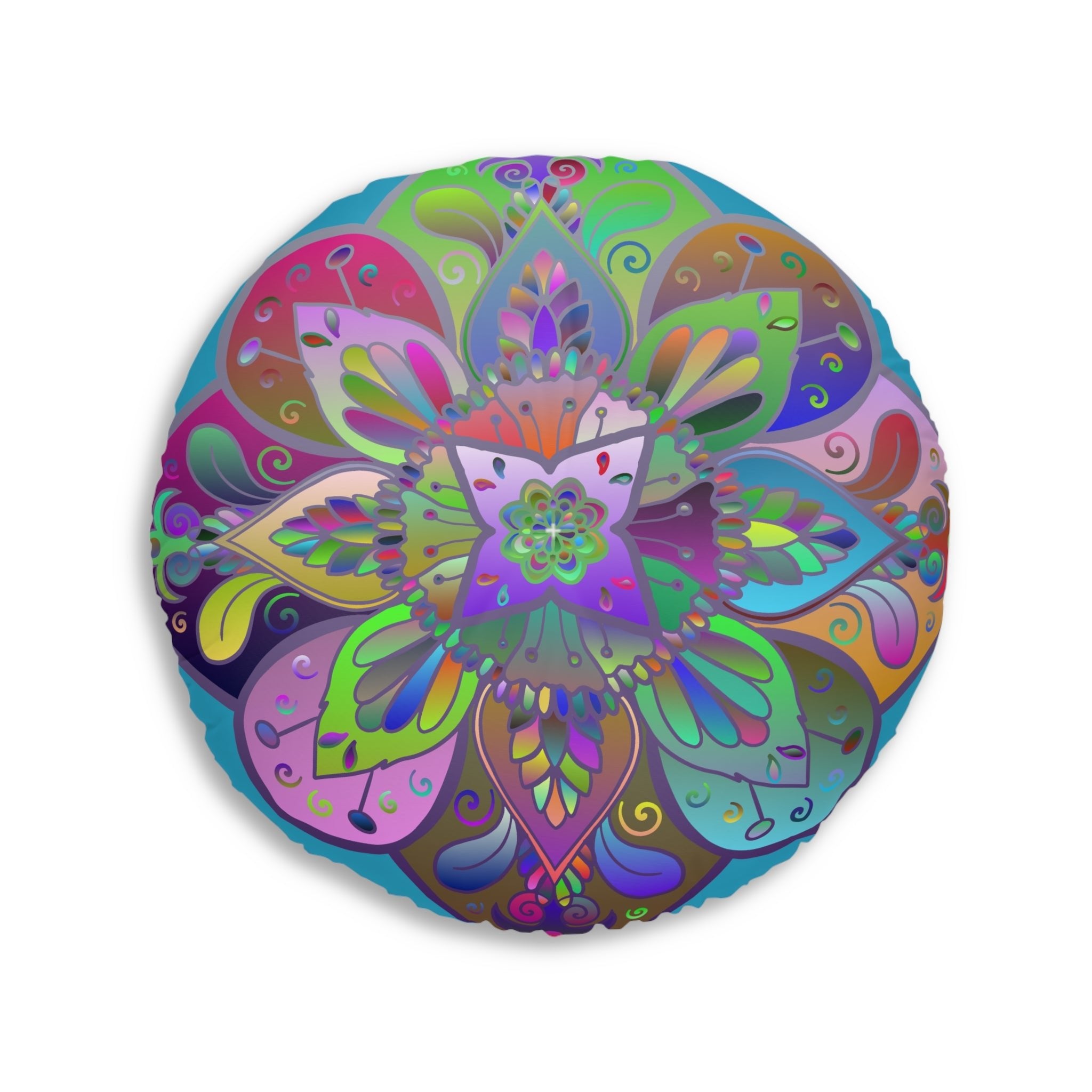 Floor Cushion Mandala Art Hand Drawn - Beautiful colorful Mandala on Turquoise background - Drawn by Hand - Tufted Floor Pillow, Round - Blululi