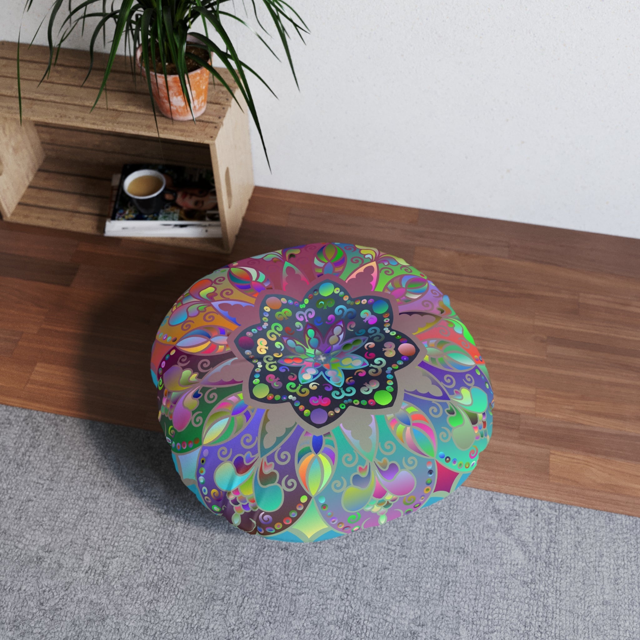Floor Cushion Mandala Art Hand Drawn - Beautiful colorful Mandala on Turquoise background - Drawn by Hand - Tufted Floor Pillow, Round - Blululi