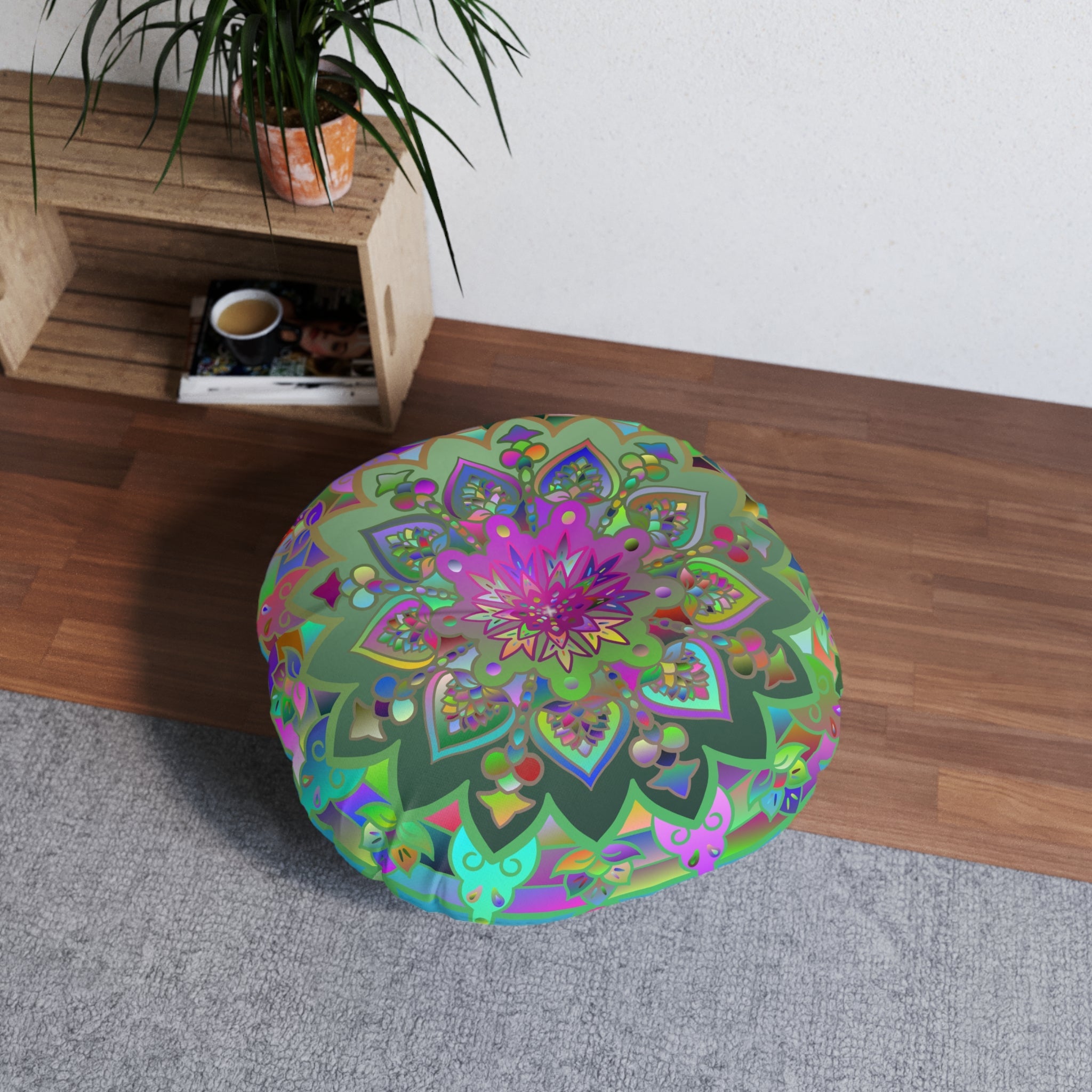 Floor Cushion Mandala Art Hand Drawn - Beautiful colorful Mandala on Turquoise background - Drawn by Hand - Tufted Floor Pillow, Round - Blululi