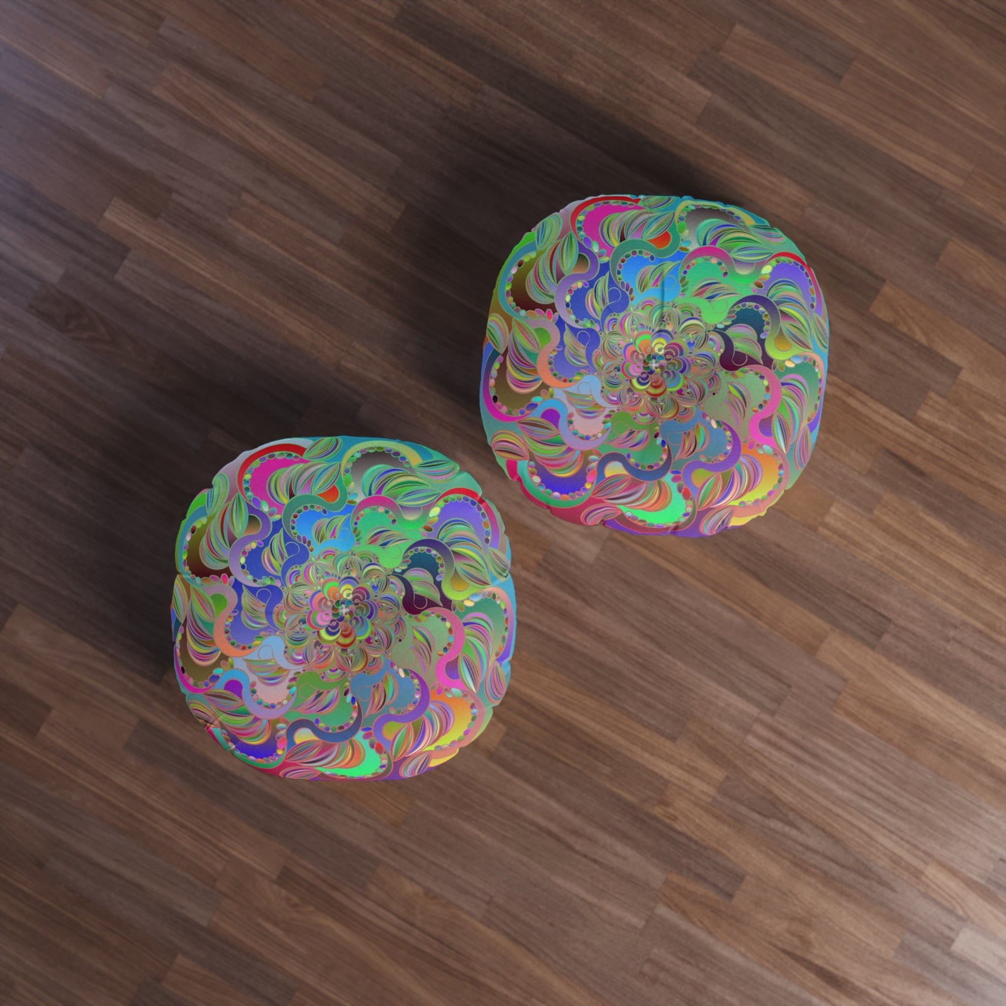 Floor Cushion Mandala Art Hand Drawn - Beautiful colorful Mandala on Turquoise background - Drawn by Hand - Tufted Floor Pillow, Round - Blululi