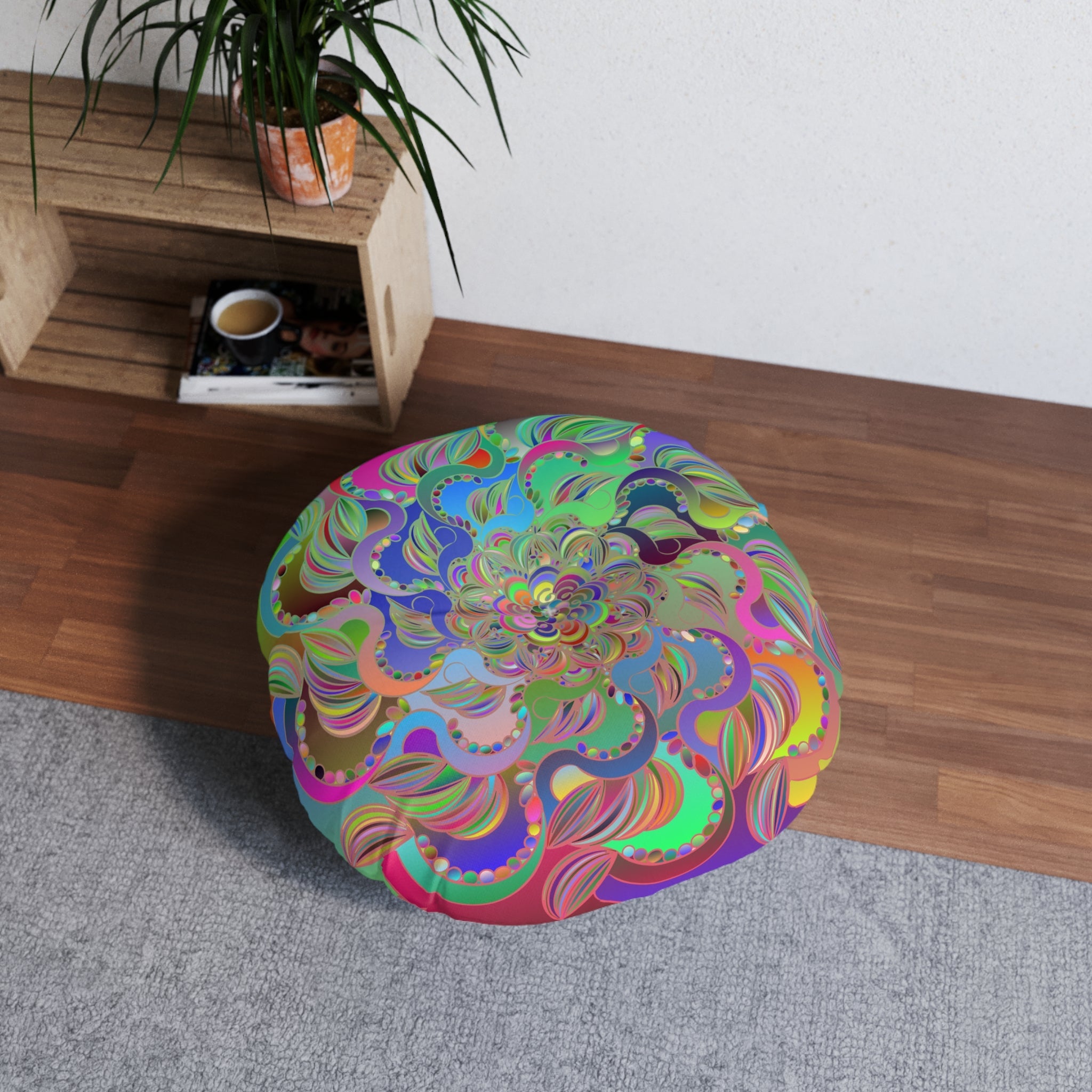 Floor Cushion Mandala Art Hand Drawn - Beautiful colorful Mandala on Turquoise background - Drawn by Hand - Tufted Floor Pillow, Round - Blululi