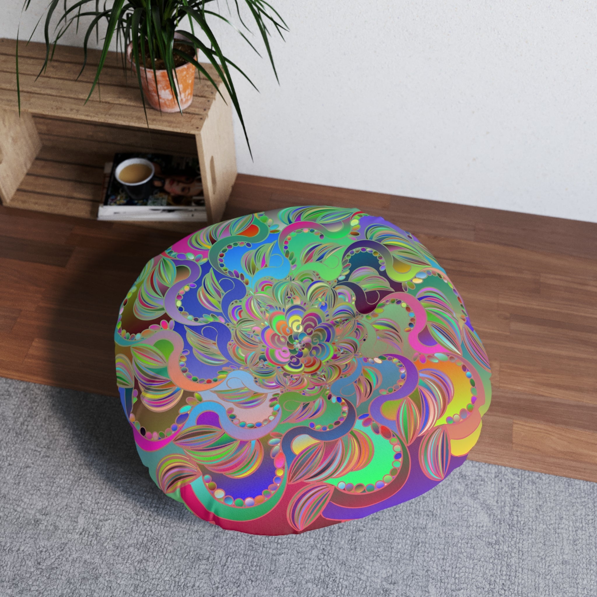 Floor Cushion Mandala Art Hand Drawn - Beautiful colorful Mandala on Turquoise background - Drawn by Hand - Tufted Floor Pillow, Round - Blululi
