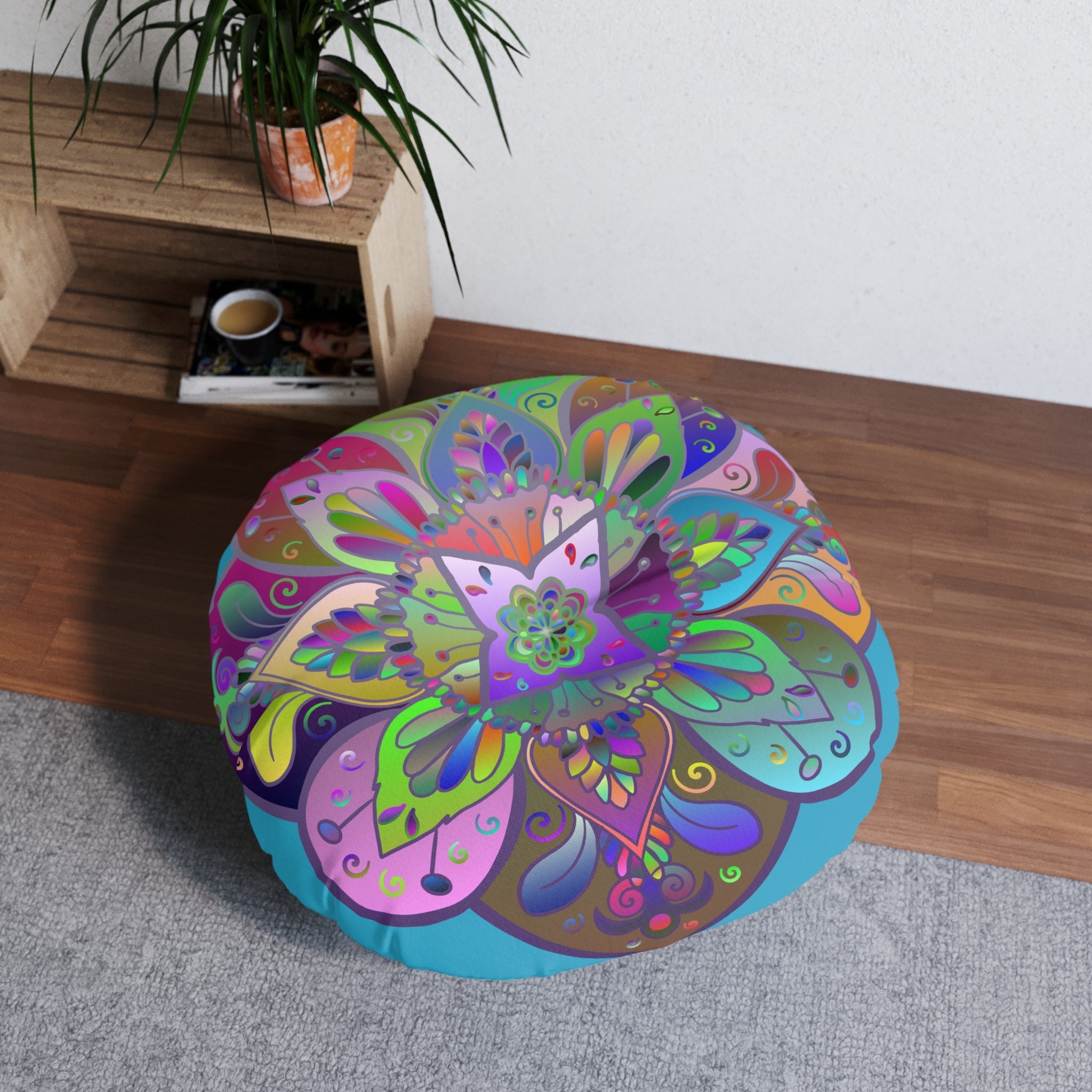 Floor Cushion Mandala Art Hand Drawn - Beautiful colorful Mandala on Turquoise background - Drawn by Hand - Tufted Floor Pillow, Round - Blululi