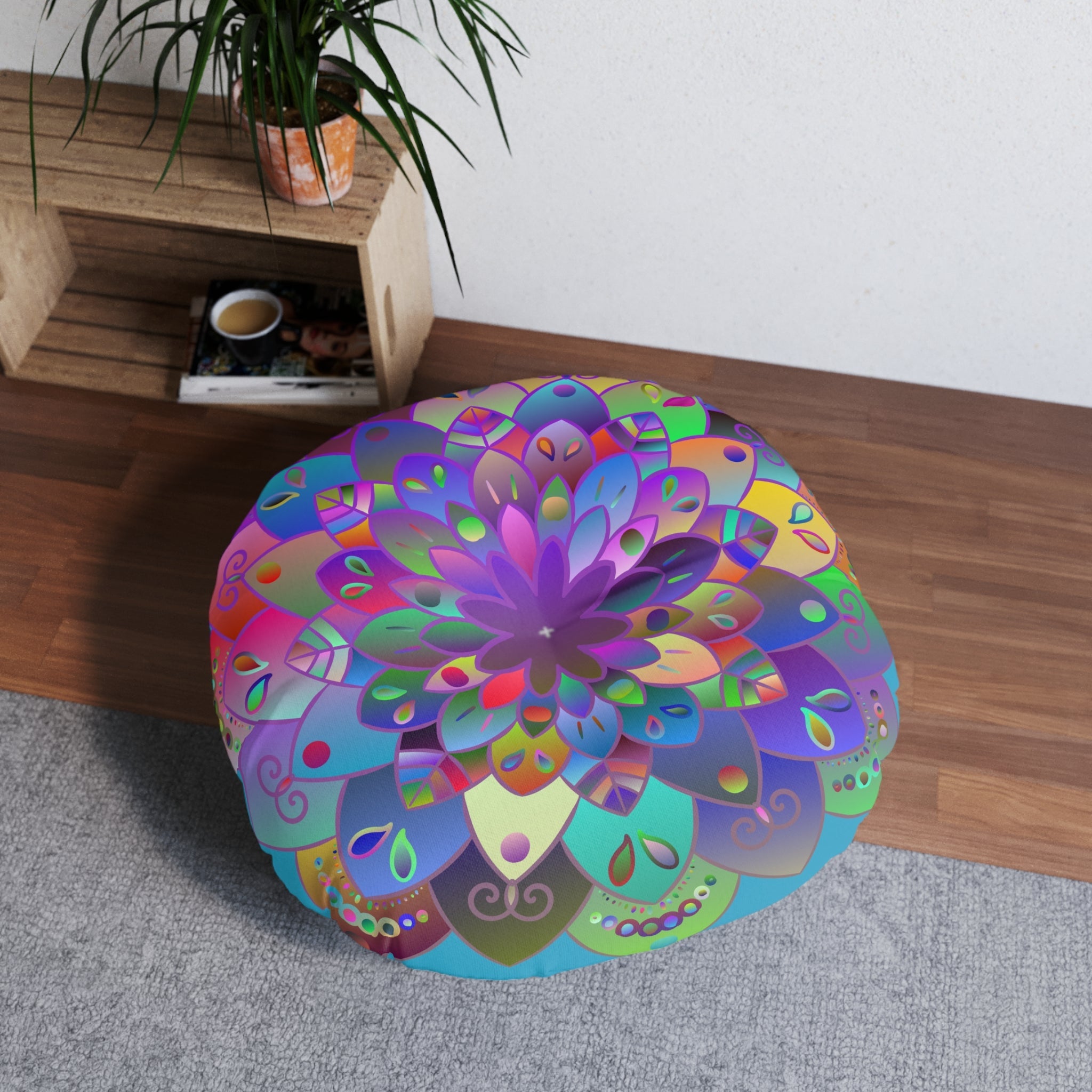 Floor Cushion Mandala Art Hand Drawn - Beautiful colorful Mandala on Turquoise background - Drawn by Hand - Tufted Floor Pillow, Round - Blululi
