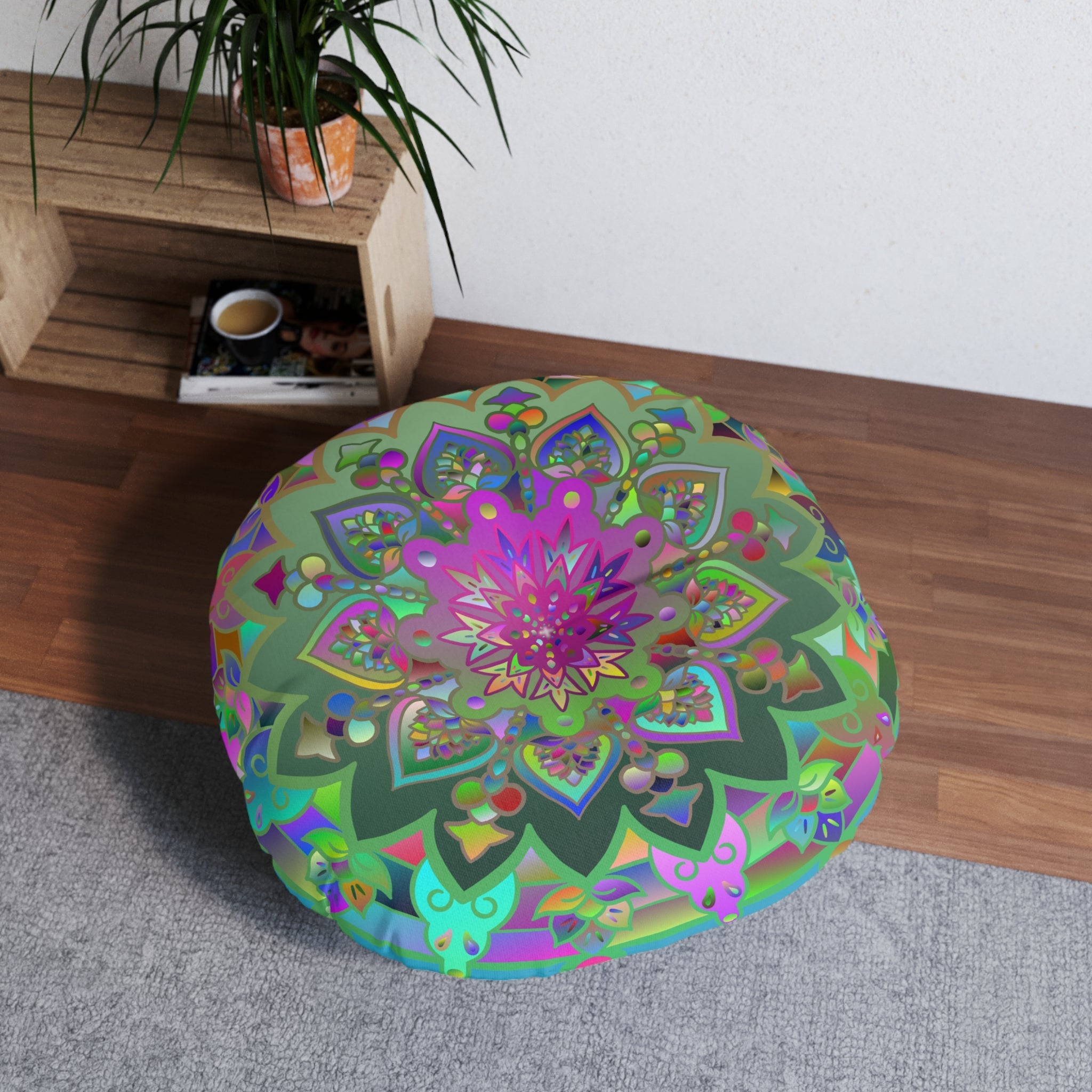 Floor Cushion Mandala Art Hand Drawn - Beautiful colorful Mandala on Turquoise background - Drawn by Hand - Tufted Floor Pillow, Round - Blululi