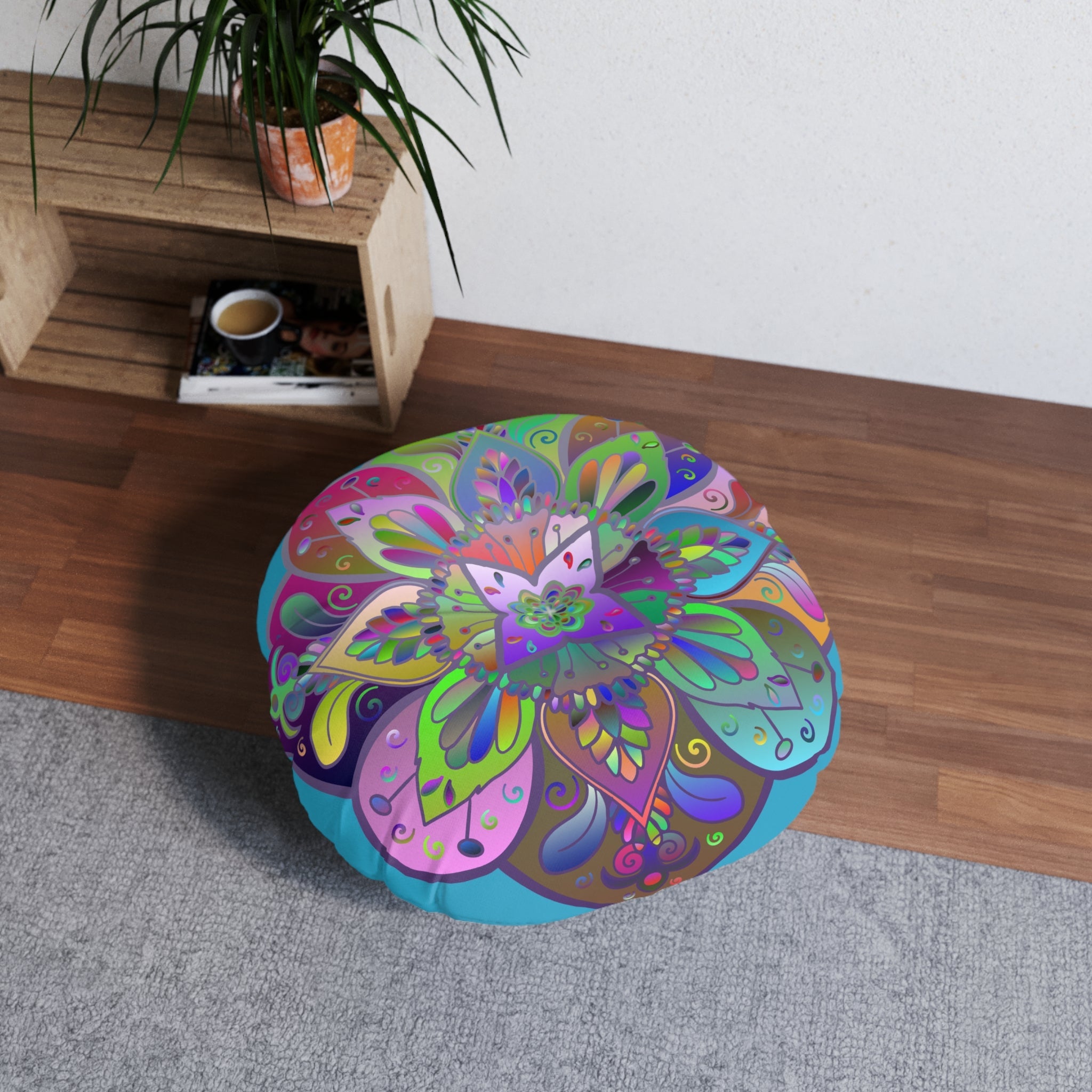 Floor Cushion Mandala Art Hand Drawn - Beautiful colorful Mandala on Turquoise background - Drawn by Hand - Tufted Floor Pillow, Round - Blululi
