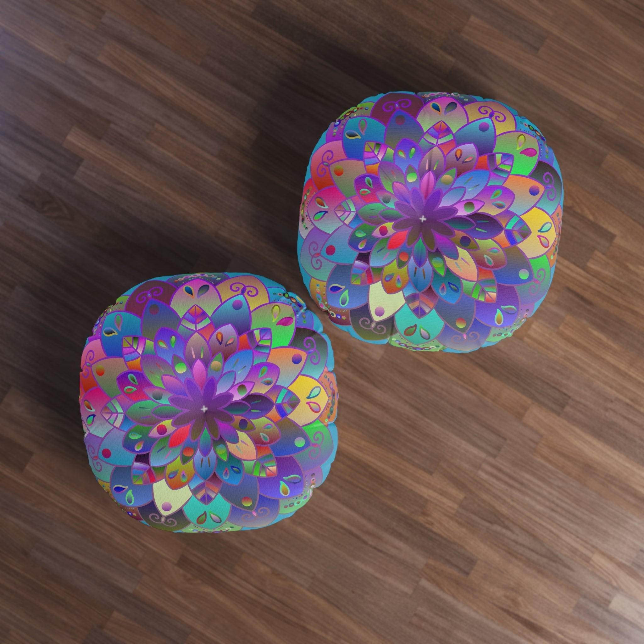 Floor Cushion Mandala Art Hand Drawn - Beautiful colorful Mandala on Turquoise background - Drawn by Hand - Tufted Floor Pillow, Round - Blululi