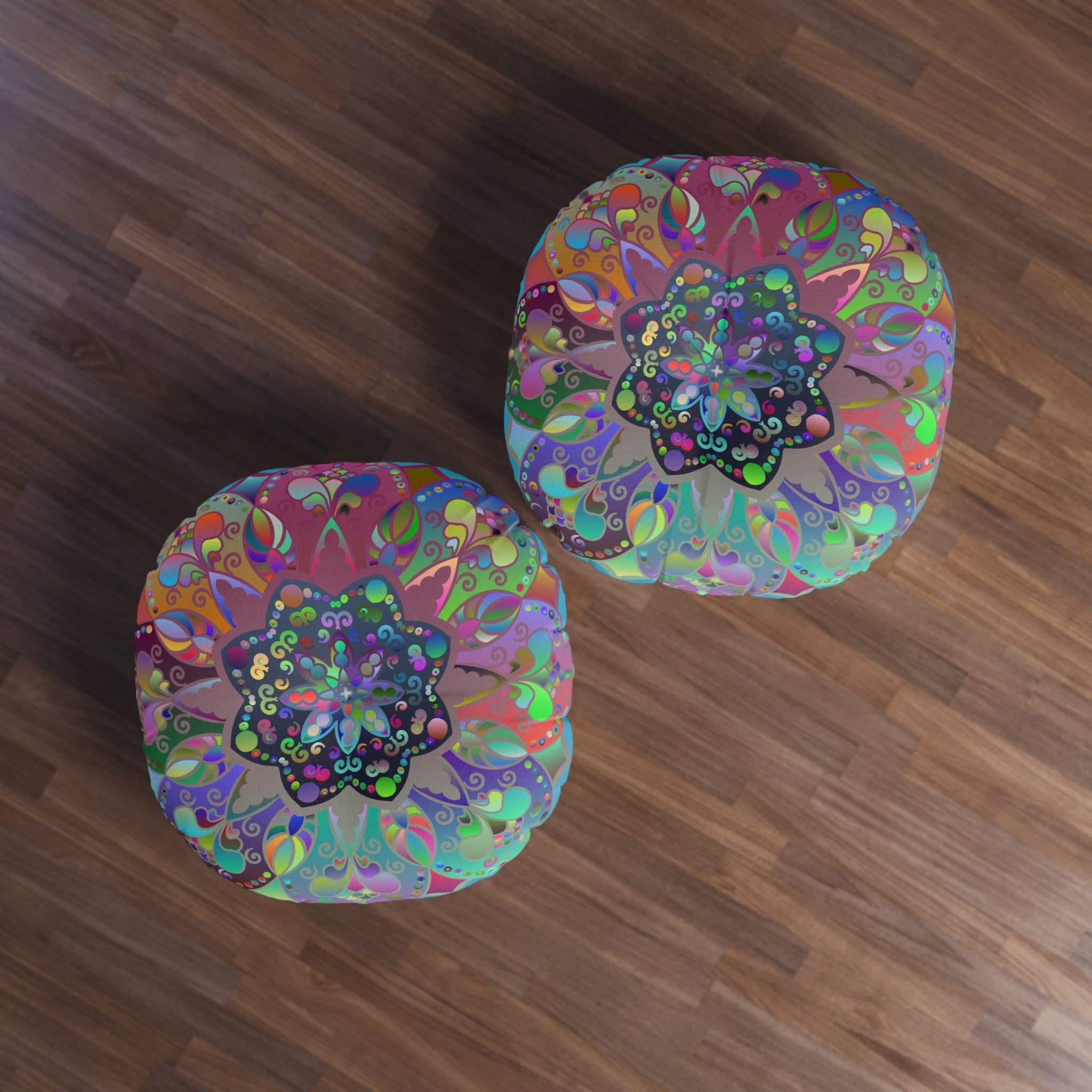 Floor Cushion Mandala Art Hand Drawn - Beautiful colorful Mandala on Turquoise background - Drawn by Hand - Tufted Floor Pillow, Round - Blululi
