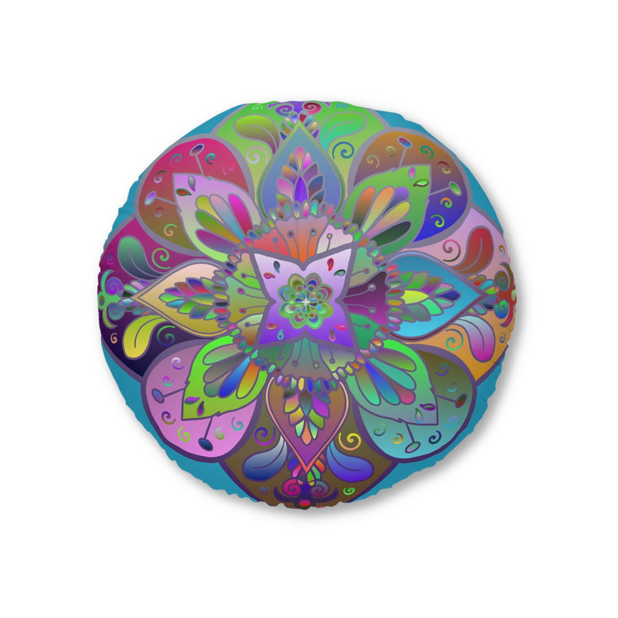 Floor Cushion Mandala Art Hand Drawn - Beautiful colorful Mandala on Turquoise background - Drawn by Hand - Tufted Floor Pillow, Round - Blululi