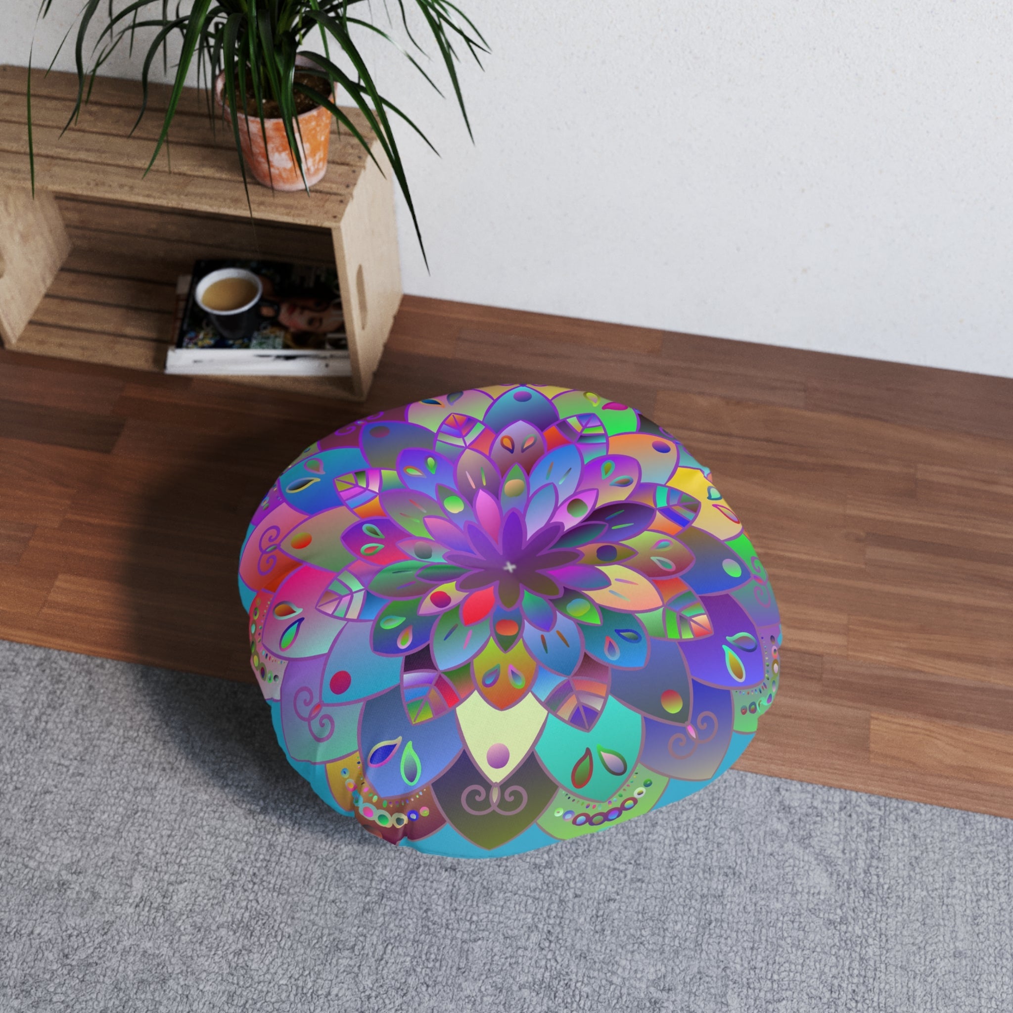 Floor Cushion Mandala Art Hand Drawn - Beautiful colorful Mandala on Turquoise background - Drawn by Hand - Tufted Floor Pillow, Round - Blululi