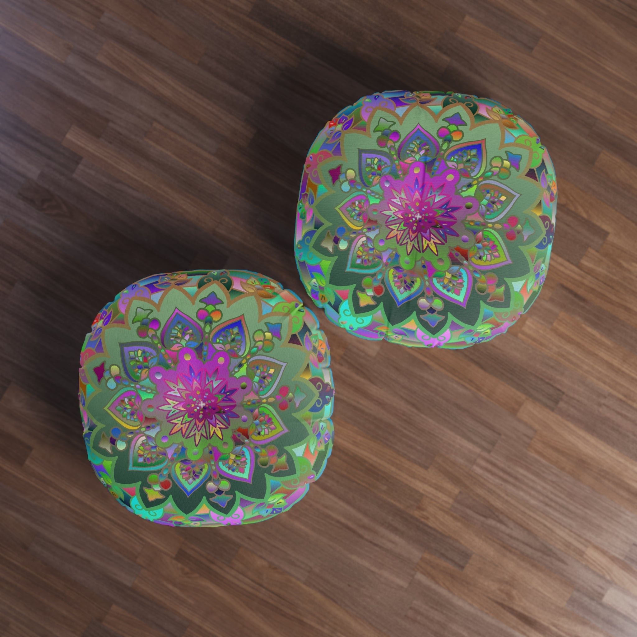 Floor Cushion Mandala Art Hand Drawn - Beautiful colorful Mandala on Turquoise background - Drawn by Hand - Tufted Floor Pillow, Round - Blululi