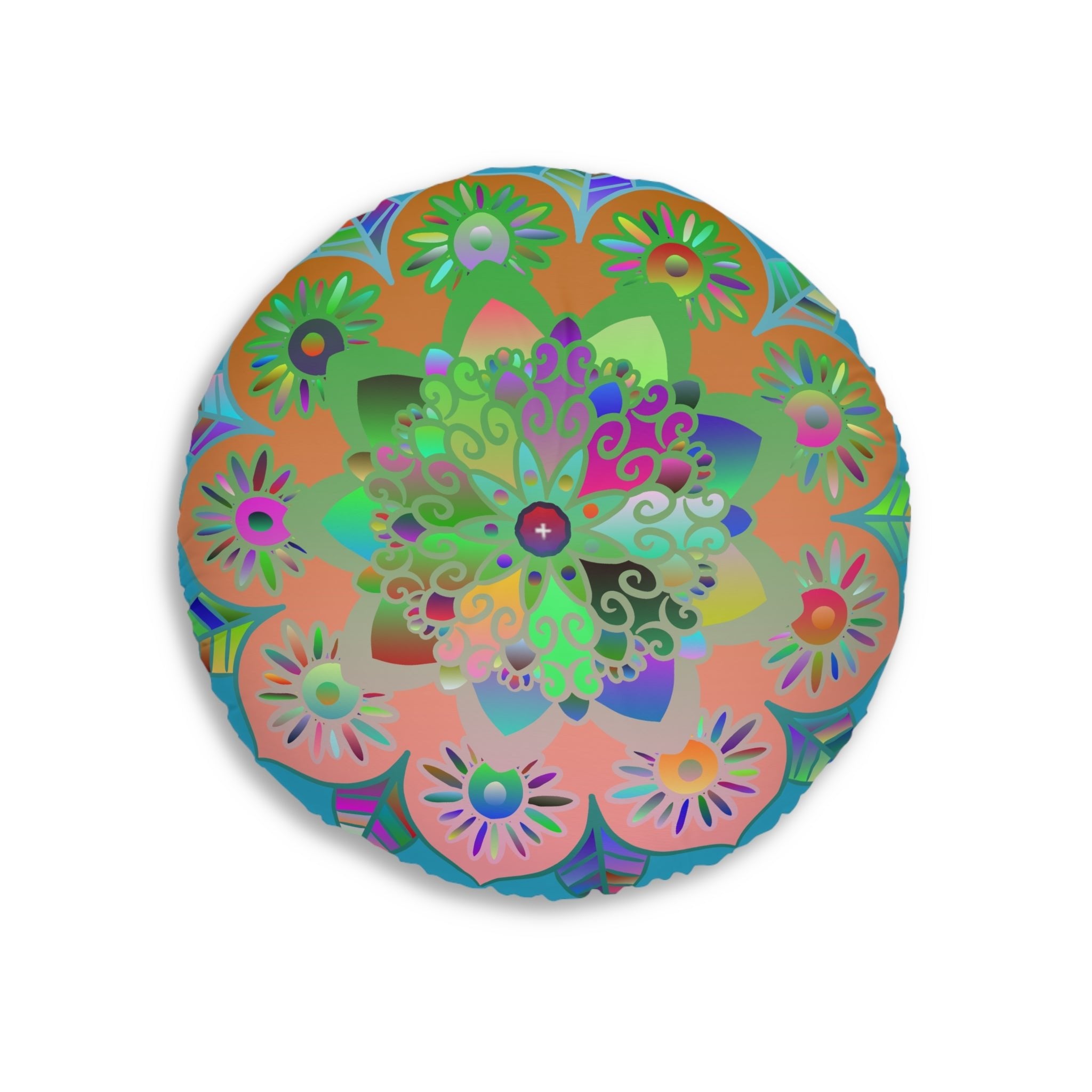 Floor Cushion Mandala Art Hand Drawn - Beautiful colorful Mandala on Turquoise background - Drawn by Hand - Tufted Floor Pillow, Round - Blululi