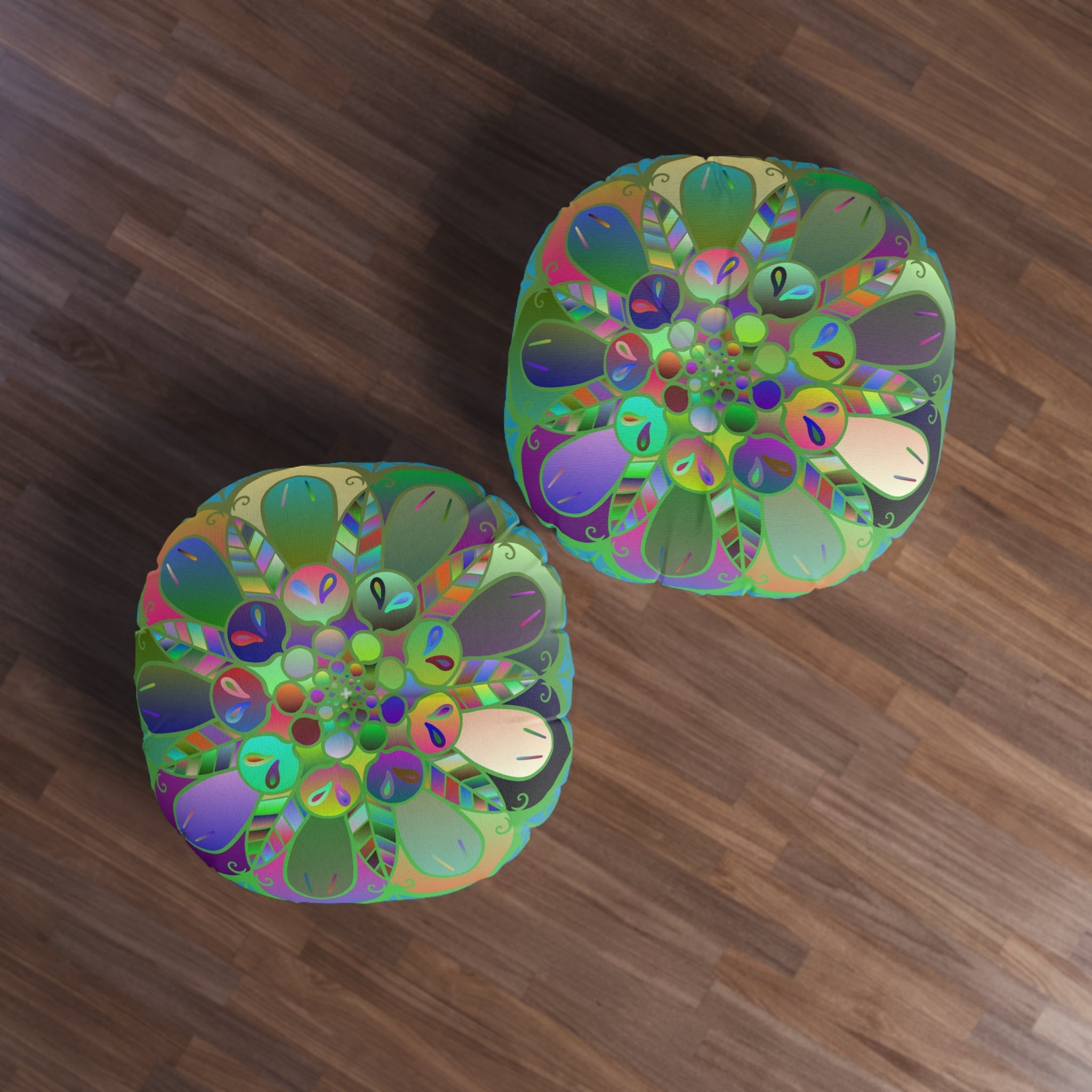 Floor Cushion Mandala Art Hand Drawn - Beautiful colorful Mandala on Turquoise background - Drawn by Hand - Tufted Floor Pillow, Round - Blululi