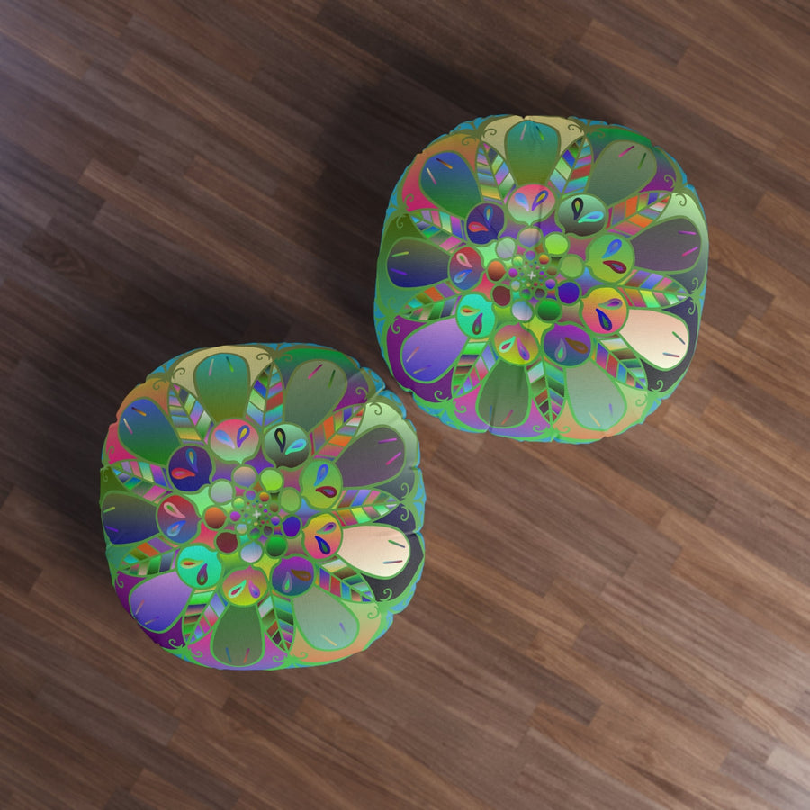 Floor Cushion Mandala Art Hand Drawn - Beautiful colorful Mandala on Turquoise background - Drawn by Hand - Tufted Floor Pillow, Round - Blululi