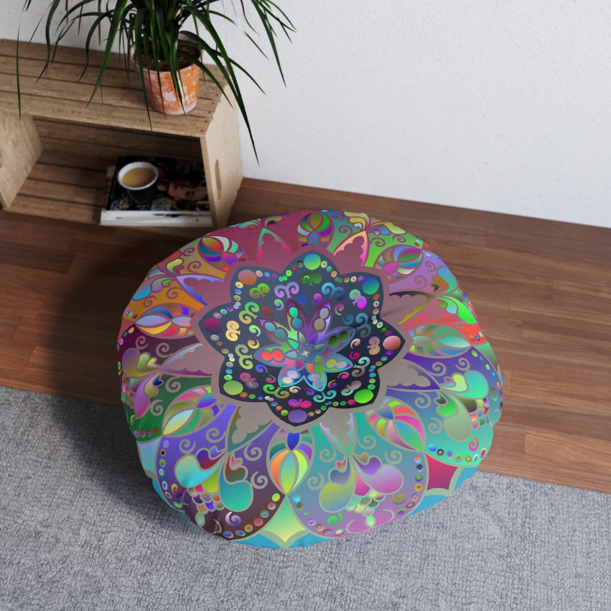Floor Cushion Mandala Art Hand Drawn - Beautiful colorful Mandala on Turquoise background - Drawn by Hand - Tufted Floor Pillow, Round - Blululi