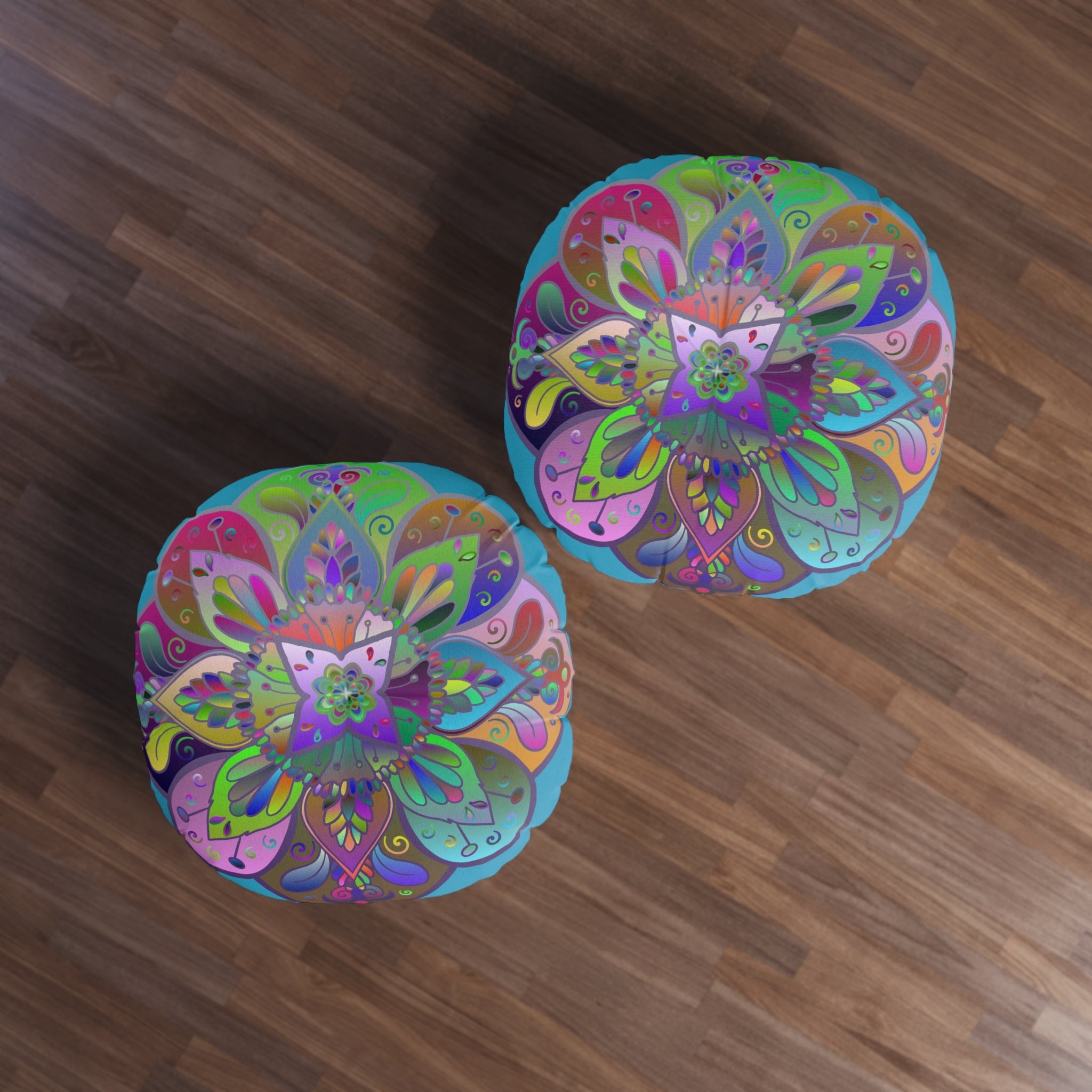 Floor Cushion Mandala Art Hand Drawn - Beautiful colorful Mandala on Turquoise background - Drawn by Hand - Tufted Floor Pillow, Round - Blululi