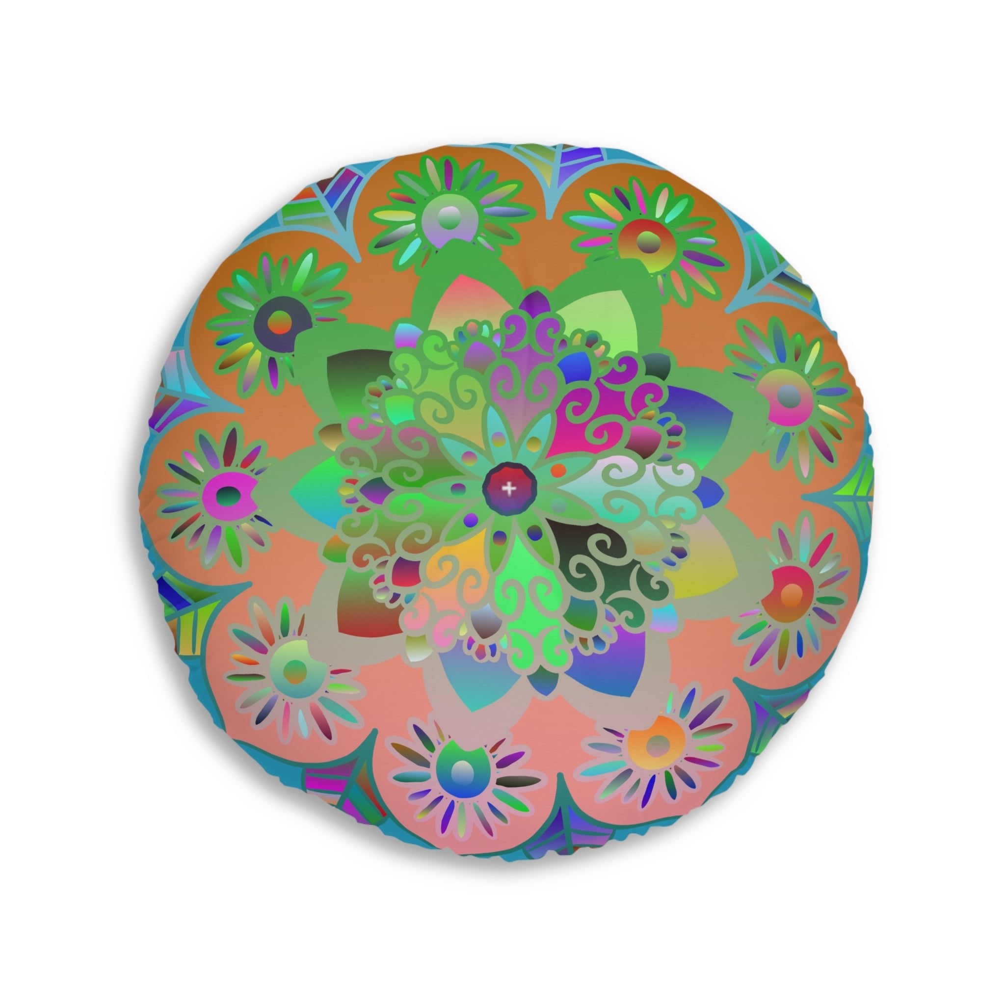 Floor Cushion Mandala Art Hand Drawn - Beautiful colorful Mandala on Turquoise background - Drawn by Hand - Tufted Floor Pillow, Round - Blululi