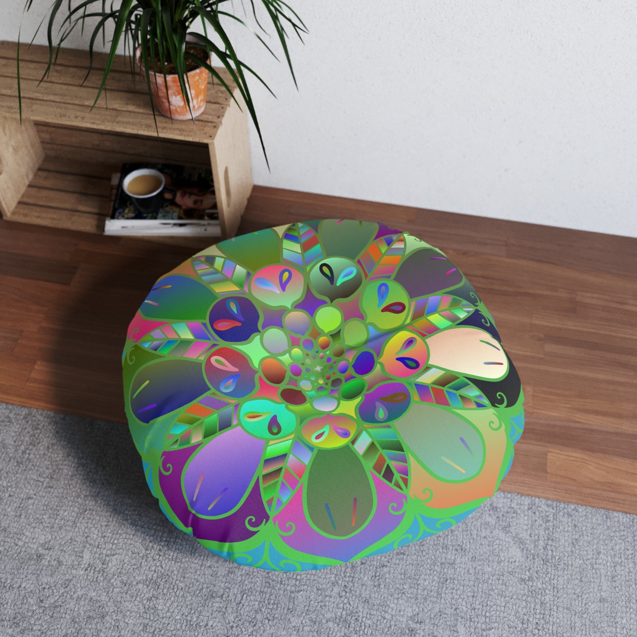 Floor Cushion Mandala Art Hand Drawn - Beautiful colorful Mandala on Turquoise background - Drawn by Hand - Tufted Floor Pillow, Round - Blululi