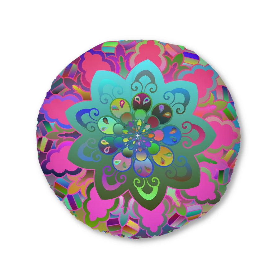 Floor Cushion Mandala Art Hand Drawn - Beautiful colorful Mandala on Turquoise background - Drawn by Hand - Tufted Floor Pillow, Round - Blululi