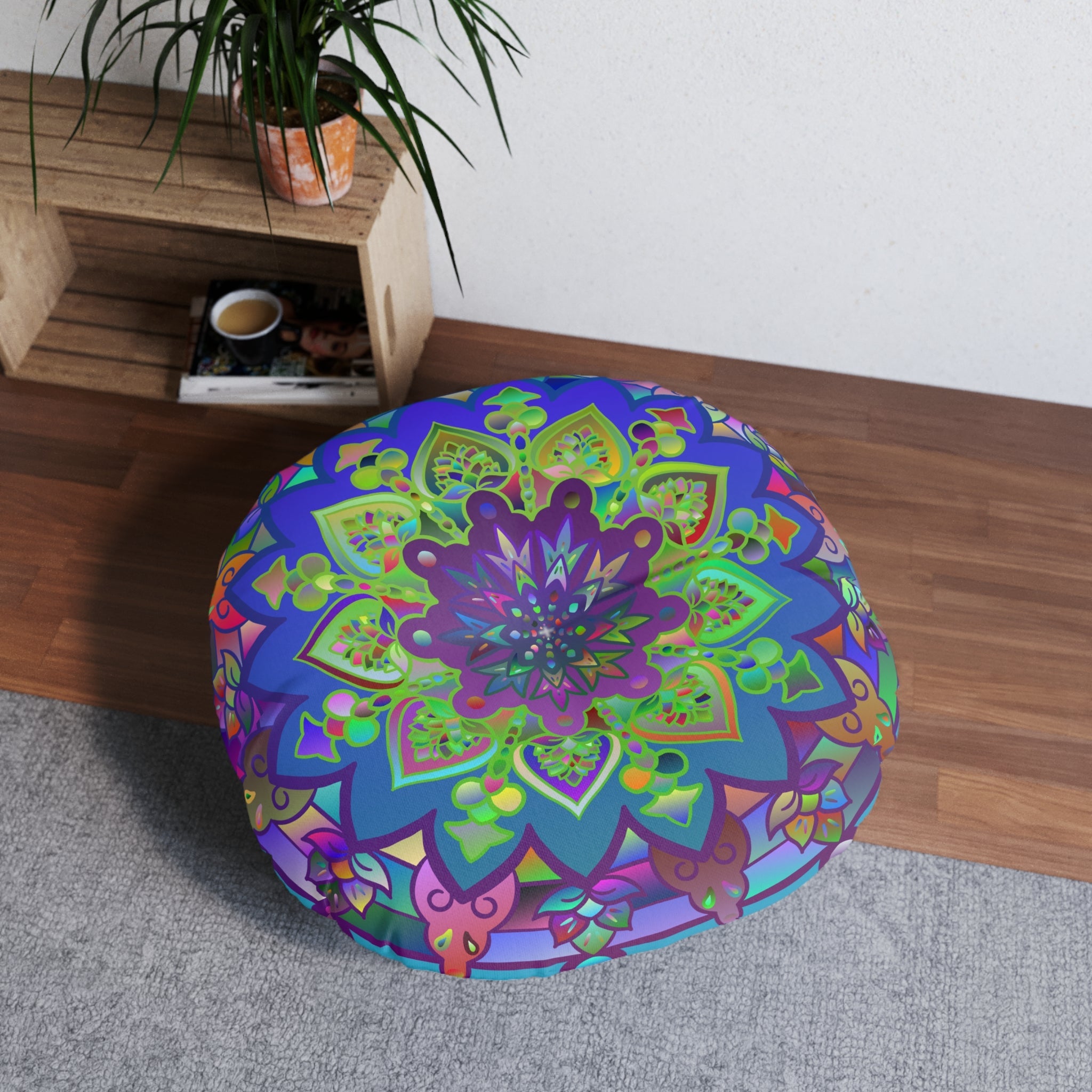 Floor Cushion Mandala Art Hand Drawn - Beautiful colorful Mandala on Turquoise background - Drawn by Hand - Tufted Floor Pillow, Round - Blululi