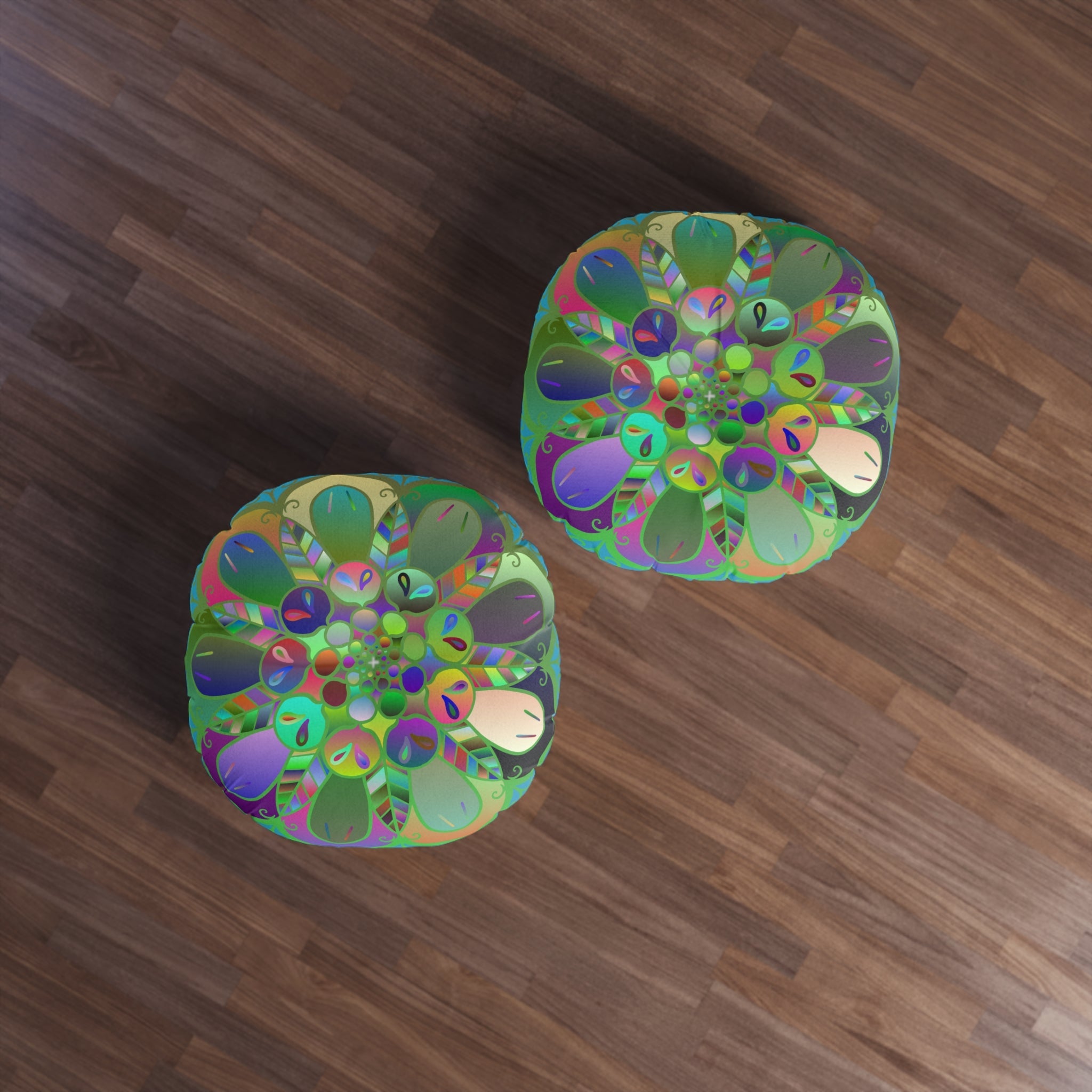 Floor Cushion Mandala Art Hand Drawn - Beautiful colorful Mandala on Turquoise background - Drawn by Hand - Tufted Floor Pillow, Round - Blululi