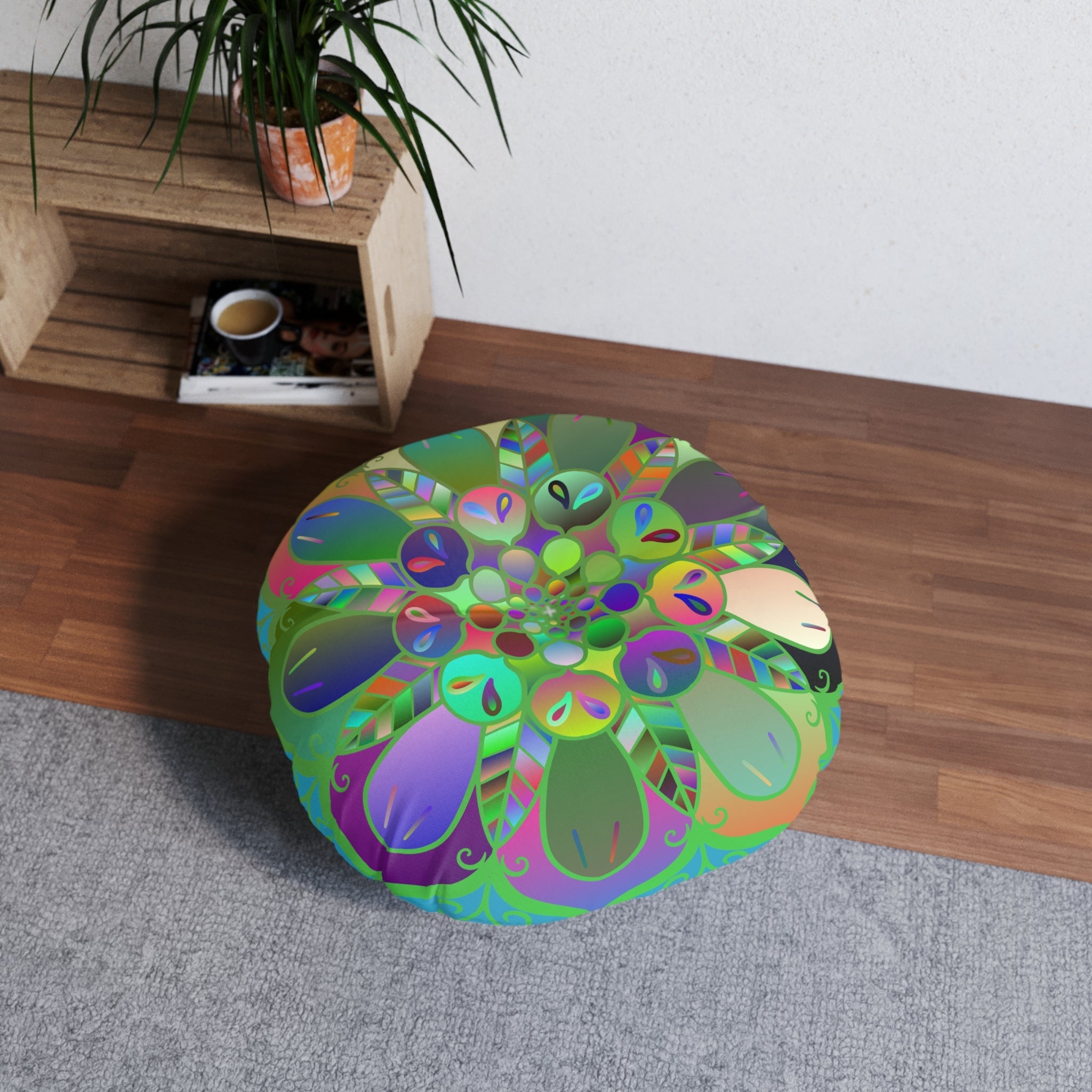 Floor Cushion Mandala Art Hand Drawn - Beautiful colorful Mandala on Turquoise background - Drawn by Hand - Tufted Floor Pillow, Round - Blululi