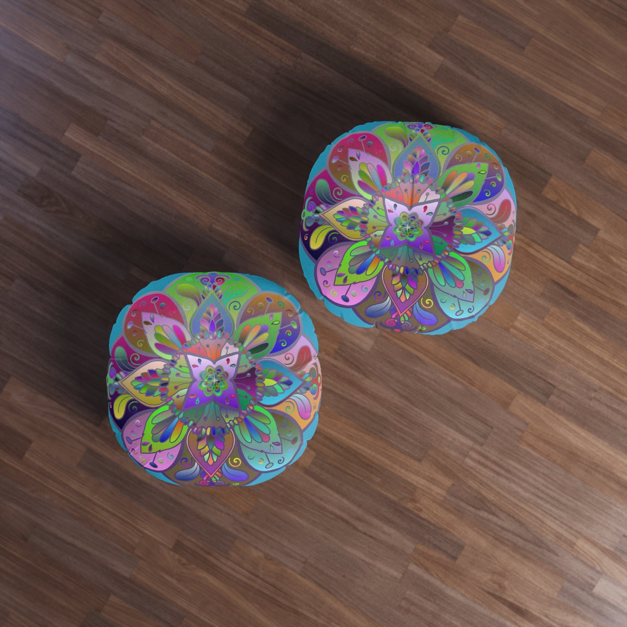 Floor Cushion Mandala Art Hand Drawn - Beautiful colorful Mandala on Turquoise background - Drawn by Hand - Tufted Floor Pillow, Round - Blululi