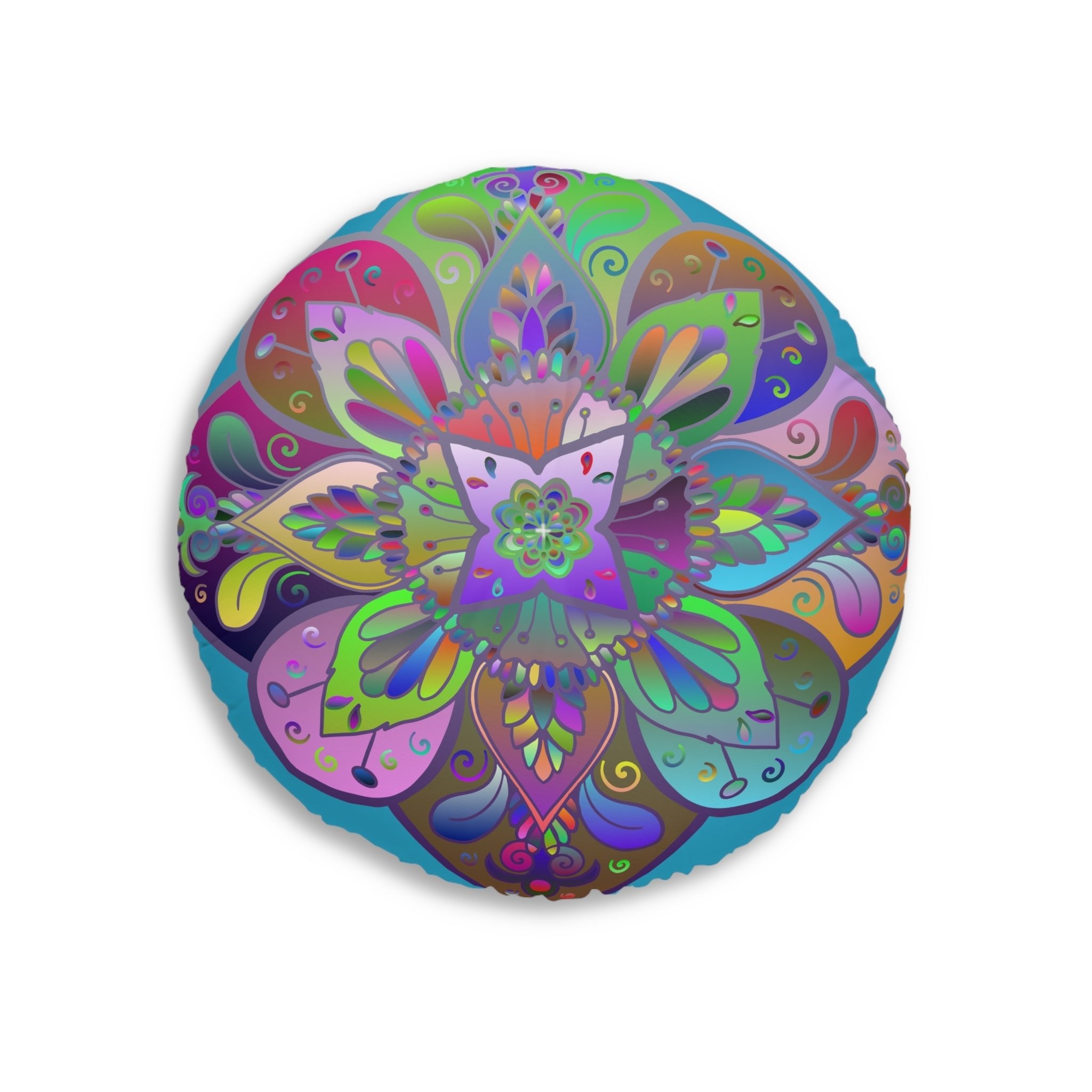 Floor Cushion Mandala Art Hand Drawn - Beautiful colorful Mandala on Turquoise background - Drawn by Hand - Tufted Floor Pillow, Round - Blululi