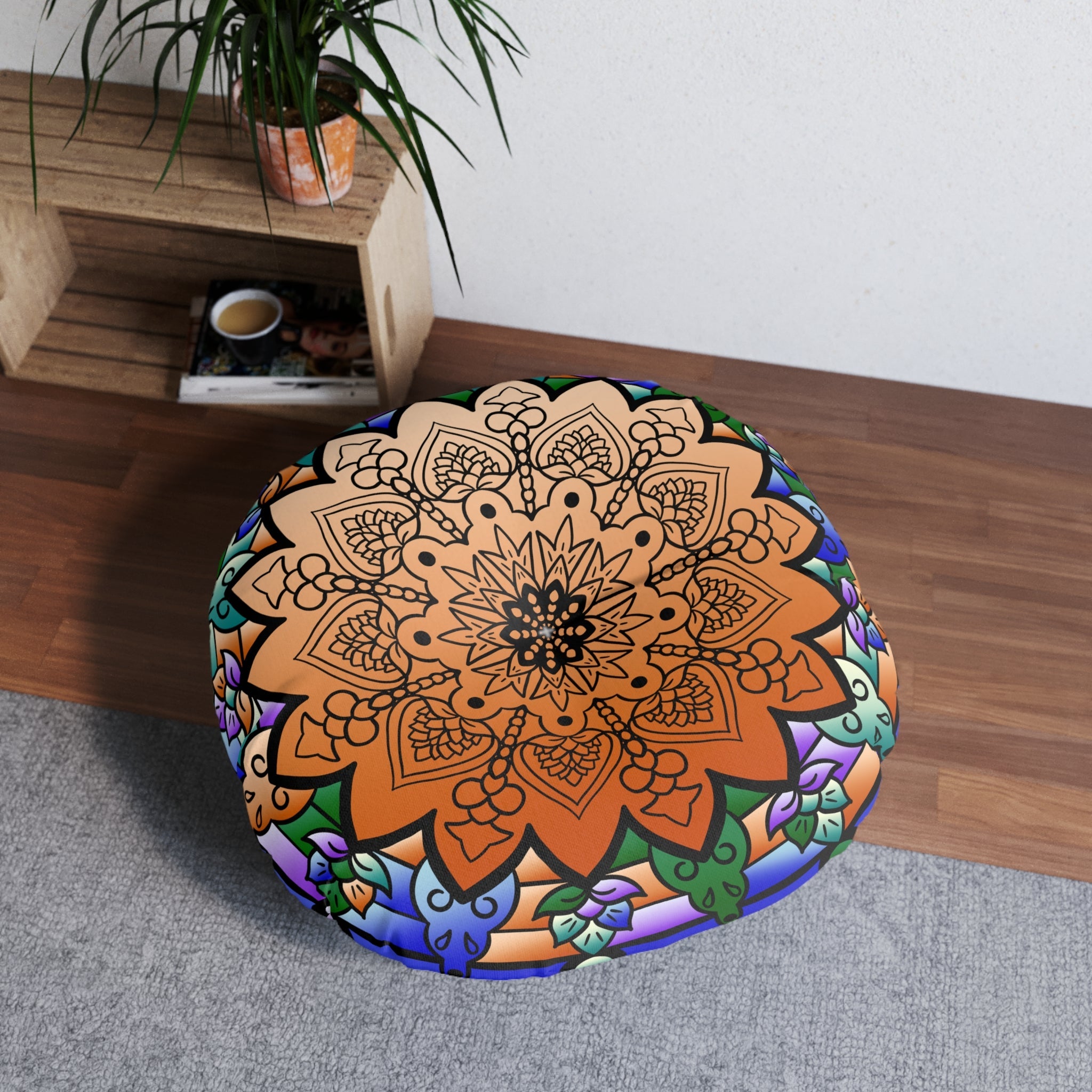 Floor Cushion Mandala Art Hand Drawn - Beautiful colors on Dark Blue background - Drawn by Hand - Tufted Floor Pillow, Round - Blululi