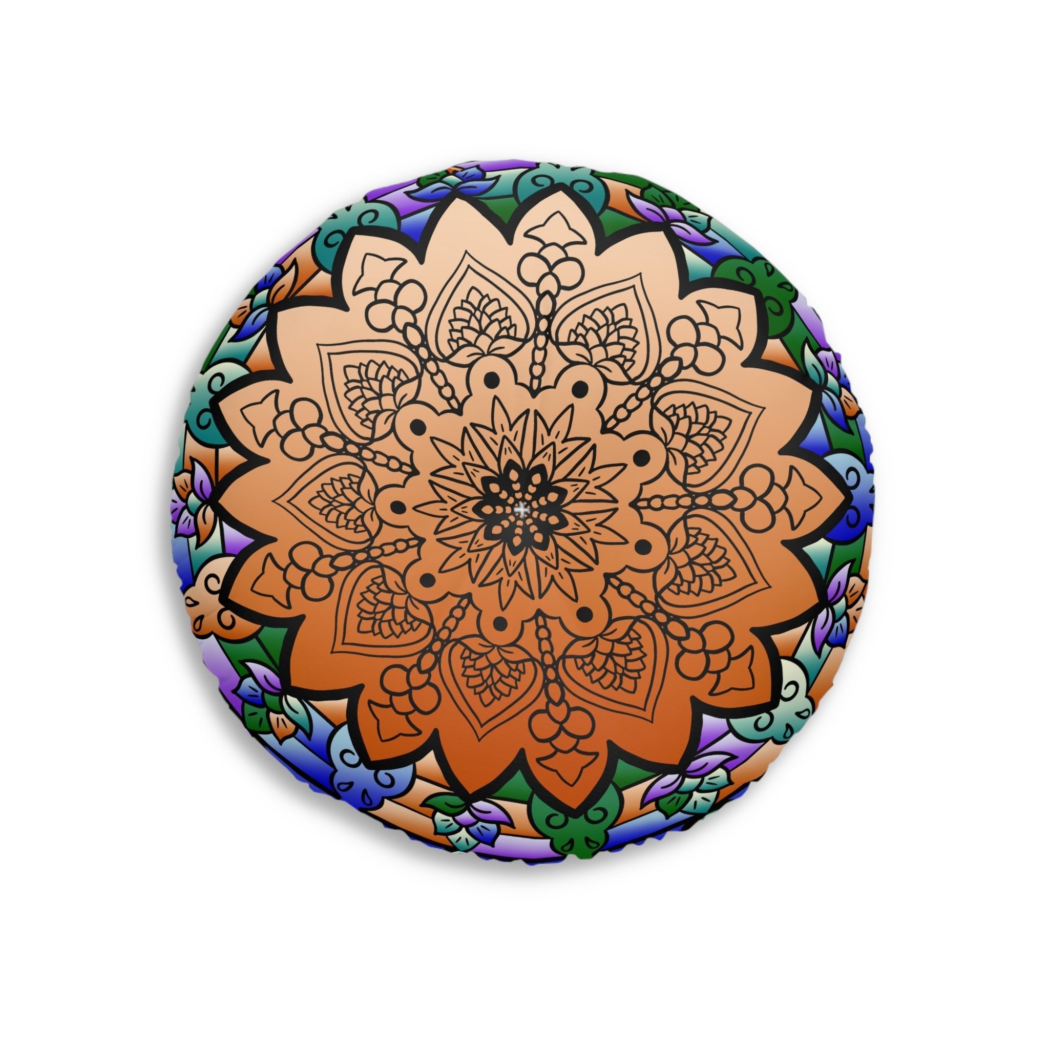 Floor Cushion Mandala Art Hand Drawn - Beautiful colors on Dark Blue background - Drawn by Hand - Tufted Floor Pillow, Round - Blululi
