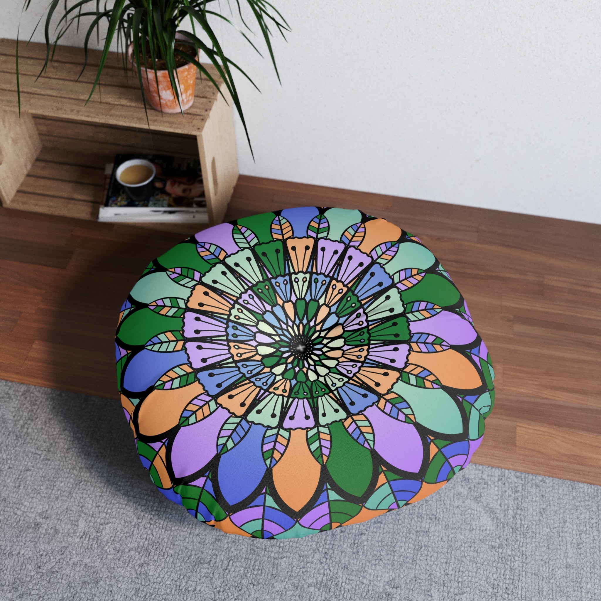 Floor Cushion Mandala Art Hand Drawn - Beautiful colors on Dark Blue background - Drawn by Hand - Tufted Floor Pillow, Round - Blululi