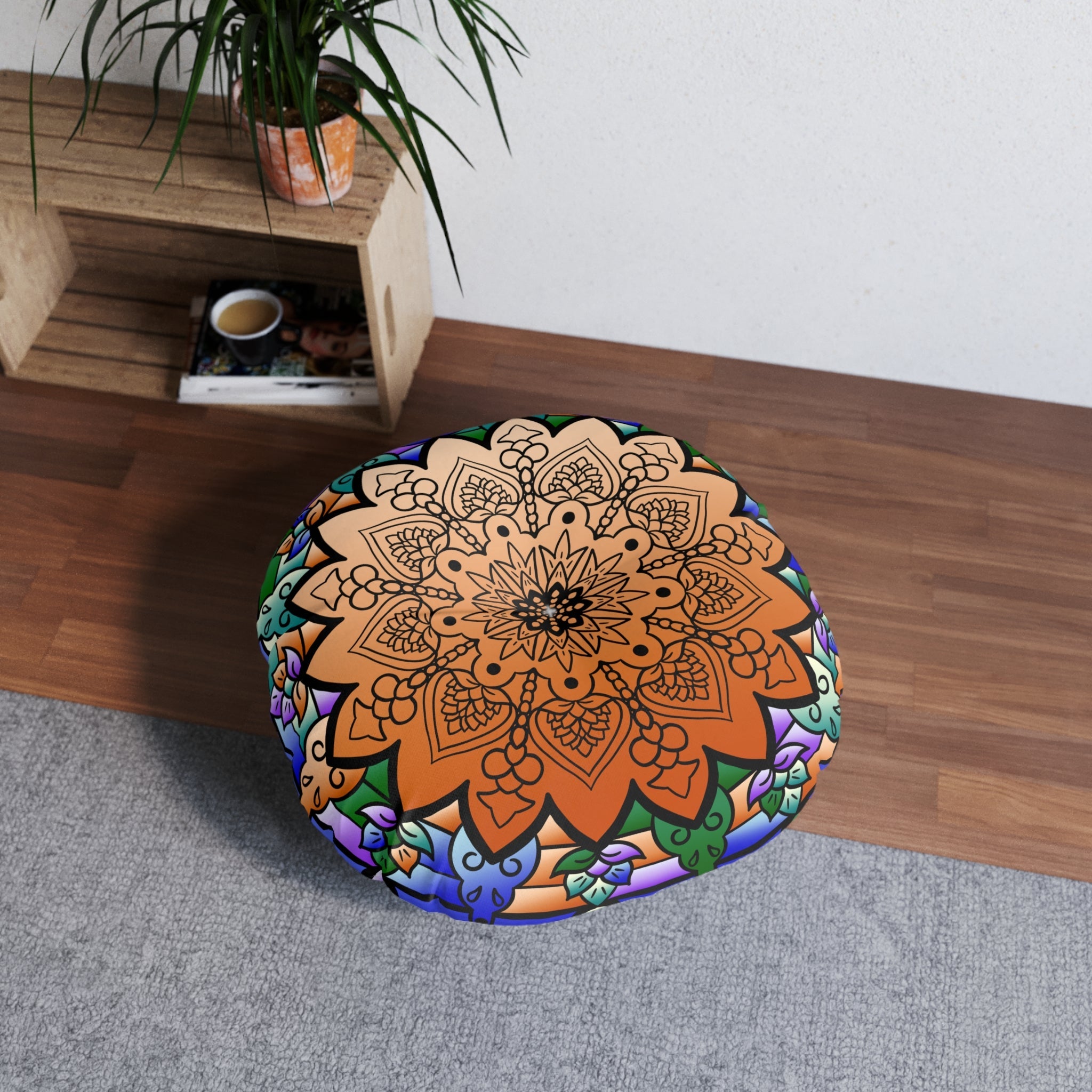 Floor Cushion Mandala Art Hand Drawn - Beautiful colors on Dark Blue background - Drawn by Hand - Tufted Floor Pillow, Round - Blululi