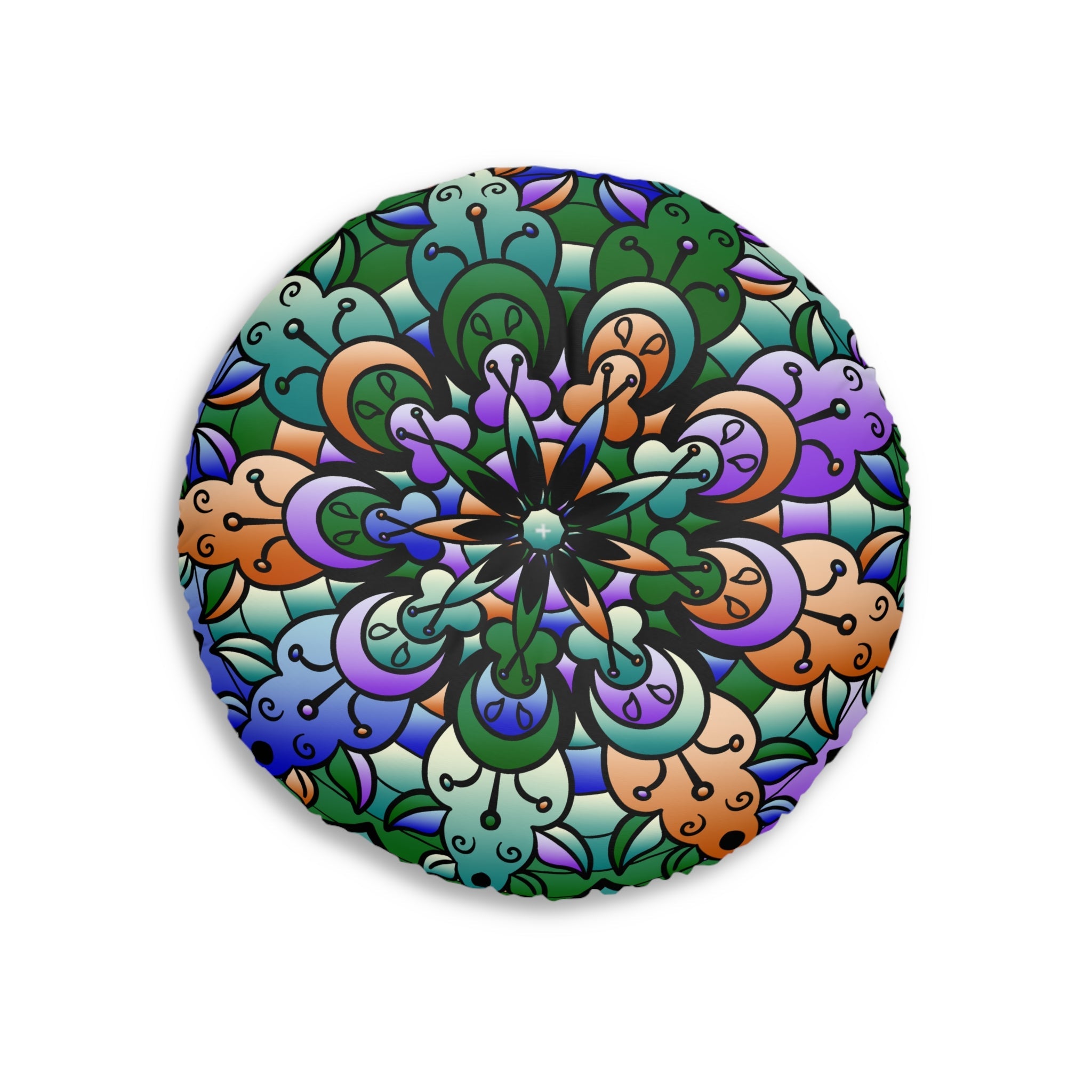 Floor Cushion Mandala Art Hand Drawn - Beautiful colors on Dark Blue background - Drawn by Hand - Tufted Floor Pillow, Round - Blululi