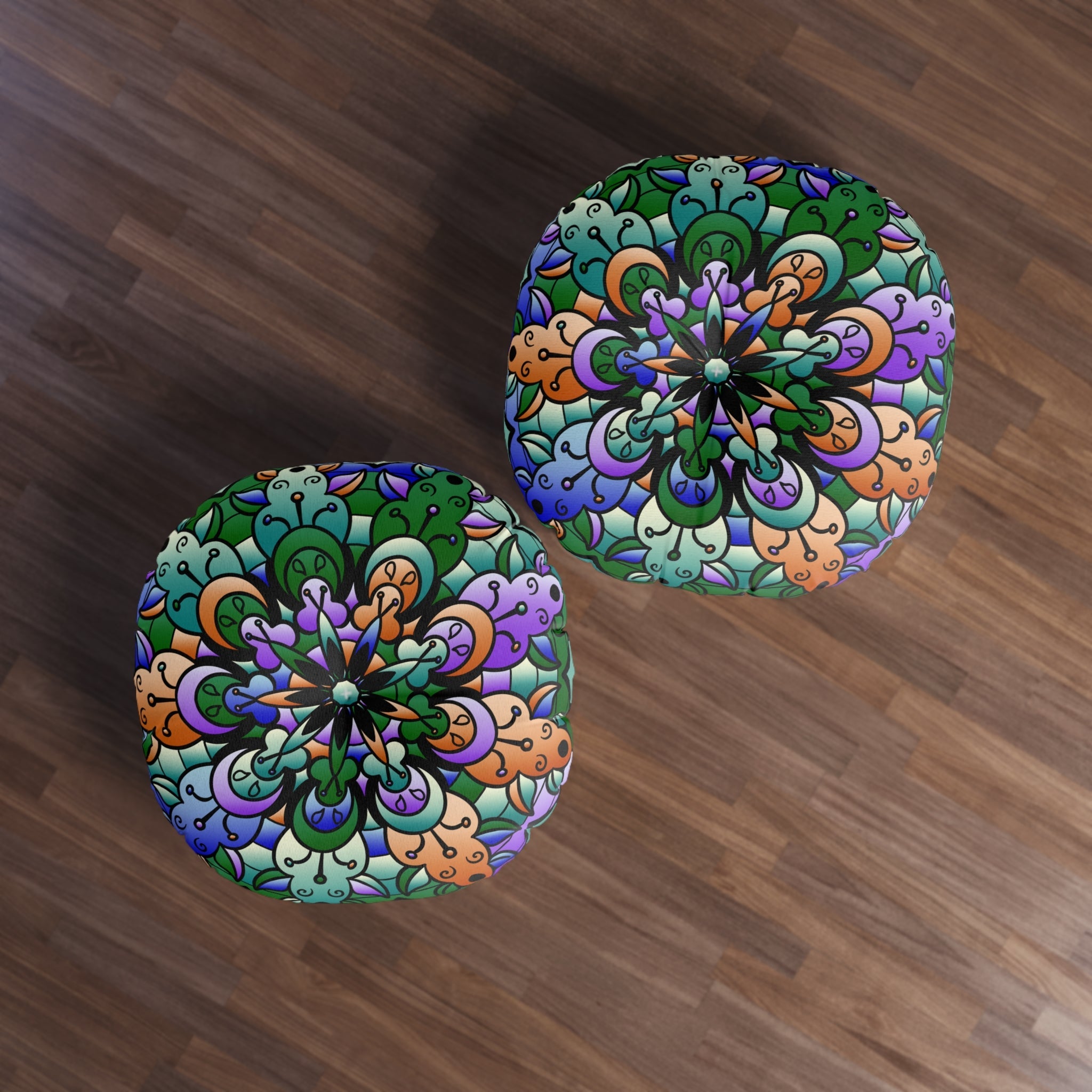 Floor Cushion Mandala Art Hand Drawn - Beautiful colors on Dark Blue background - Drawn by Hand - Tufted Floor Pillow, Round - Blululi