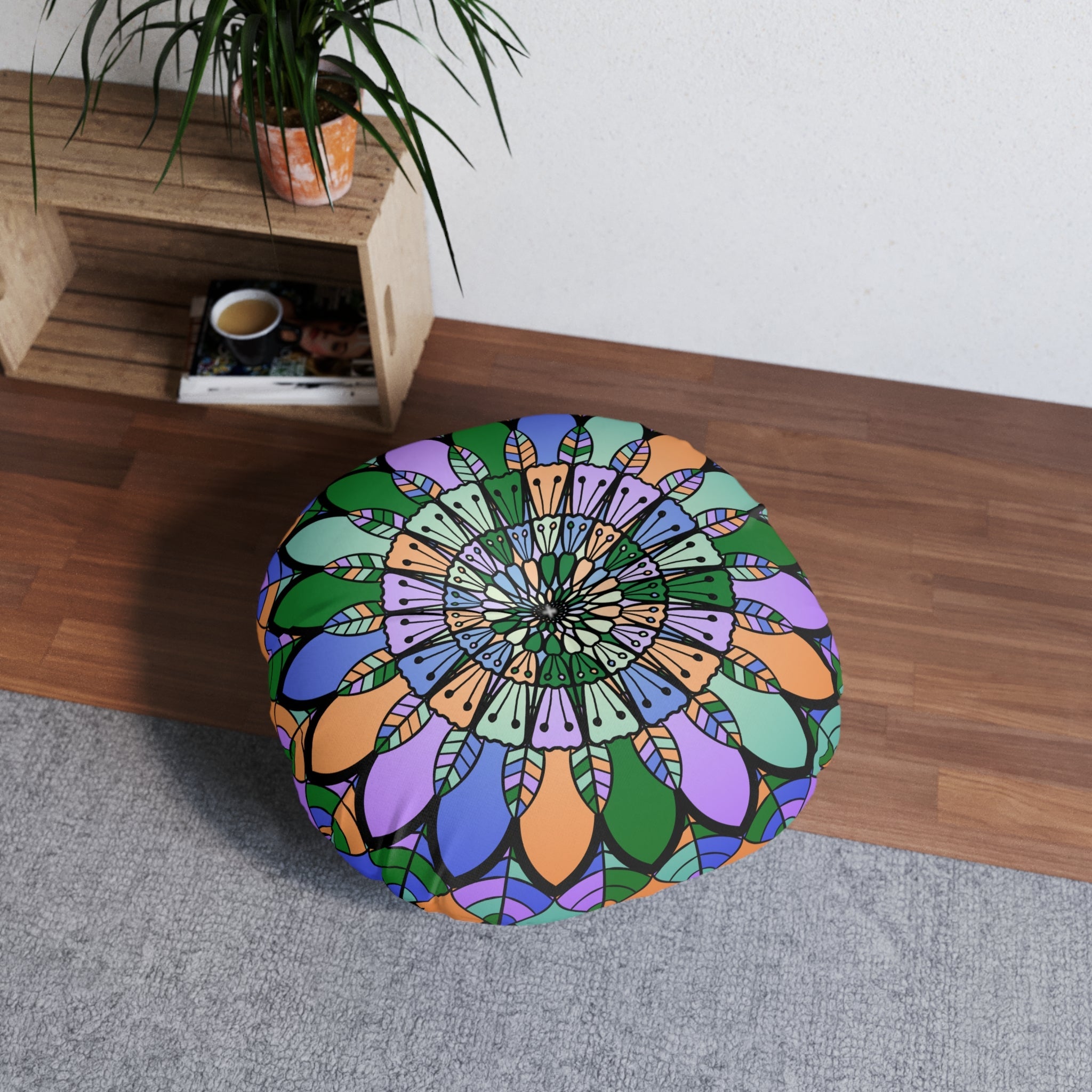 Floor Cushion Mandala Art Hand Drawn - Beautiful colors on Dark Blue background - Drawn by Hand - Tufted Floor Pillow, Round - Blululi